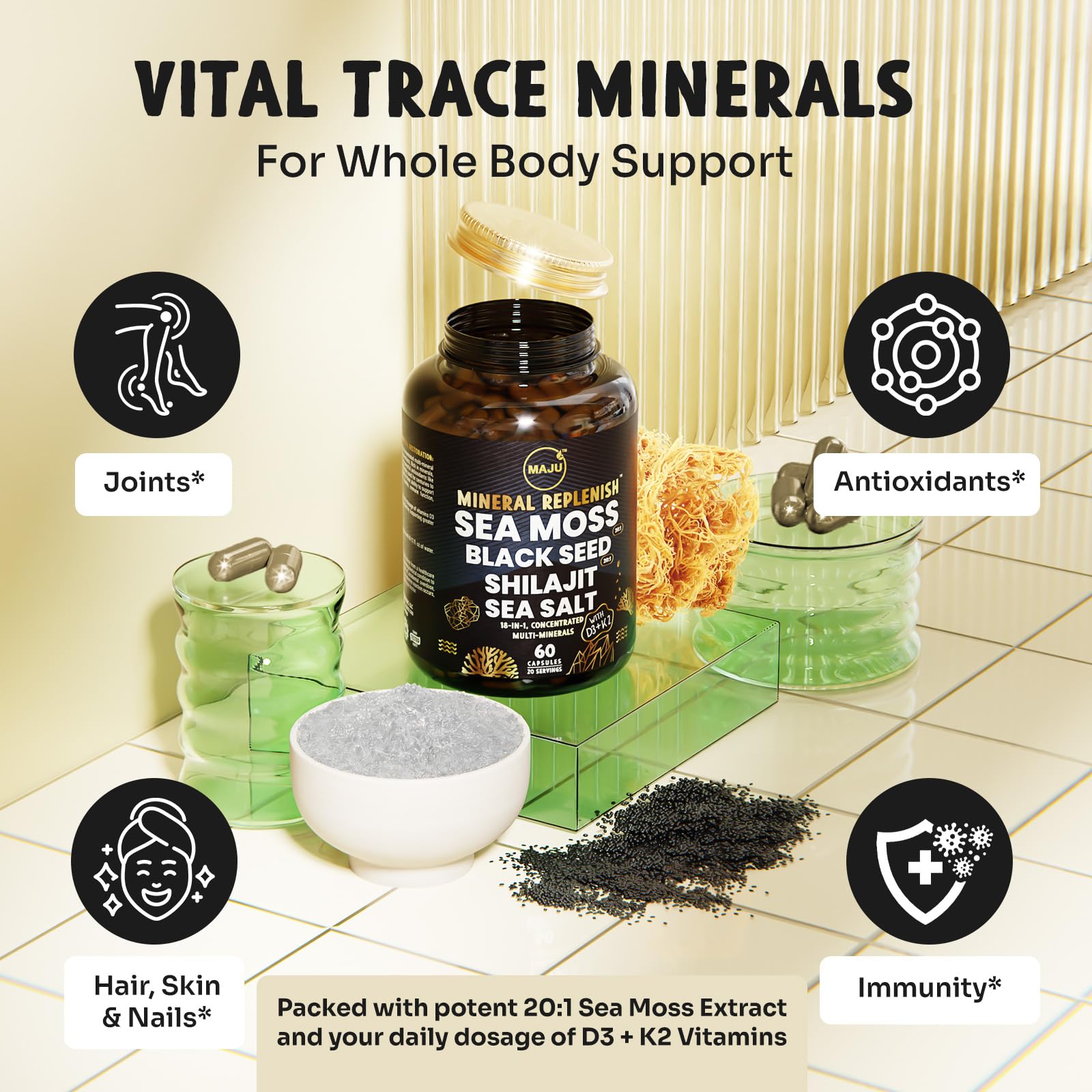 Maju Superfoods 18 en 1, cápsulas con minerales para soporte diario.
