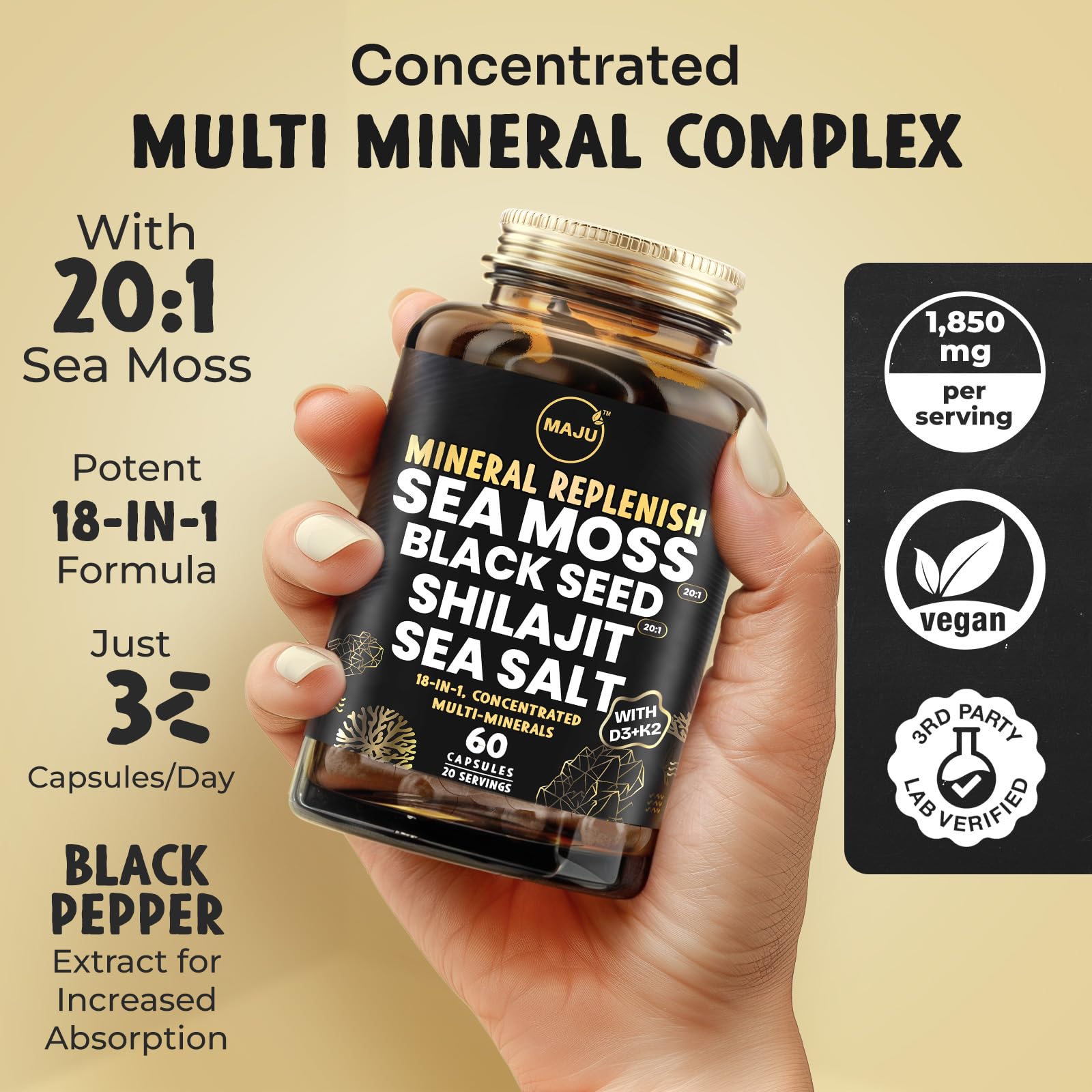 Maju Superfoods 18 en 1, extracto concentrado en cápsulas para energía sostenida.
