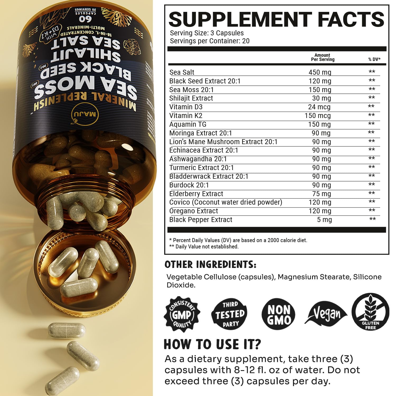 Maju Superfoods 18 en 1, fórmula de múltiples ingredientes para un perfil mineral.