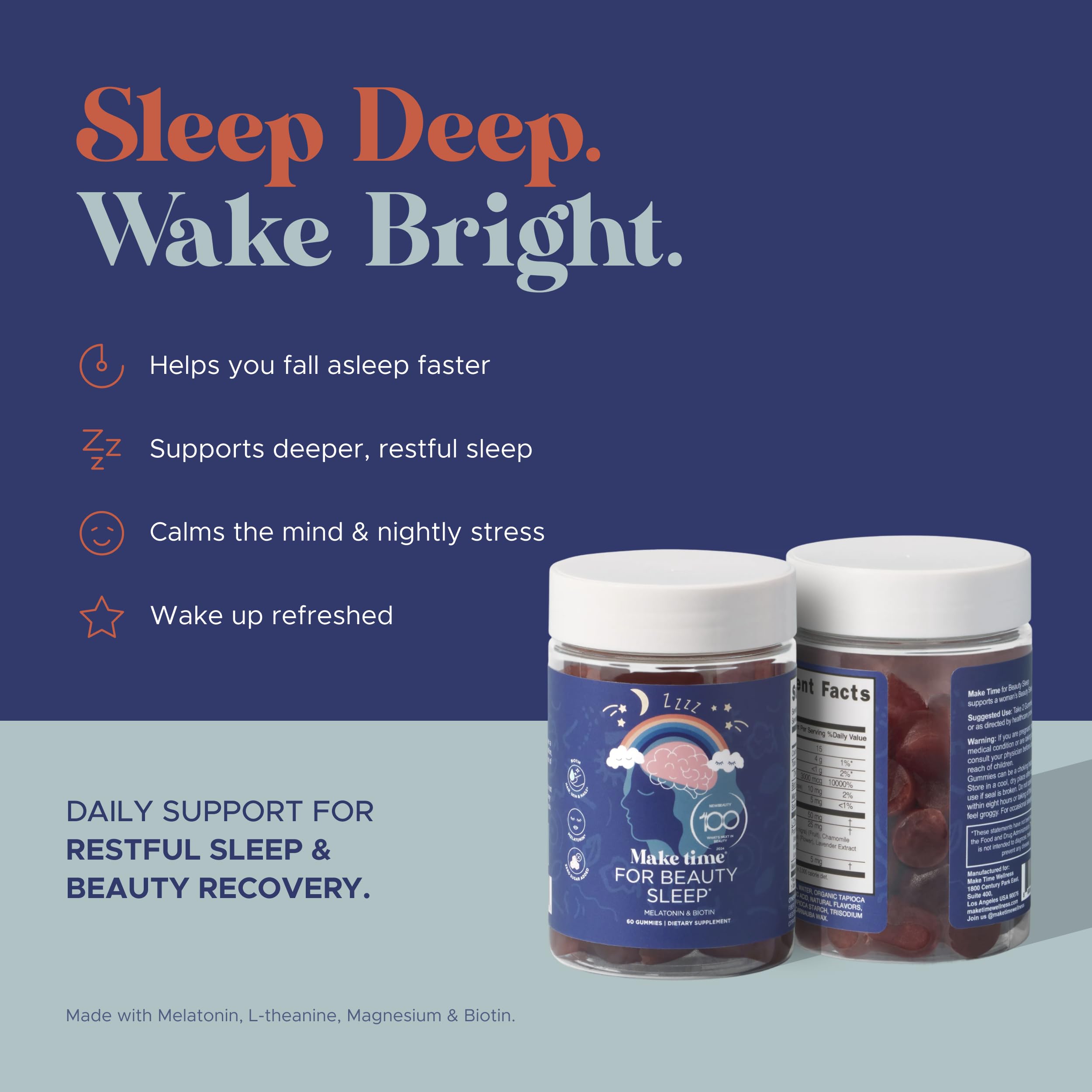 MAKE TIME Beauty Sleep Gummies, envase original, fácil de utilizar antes de dormir.