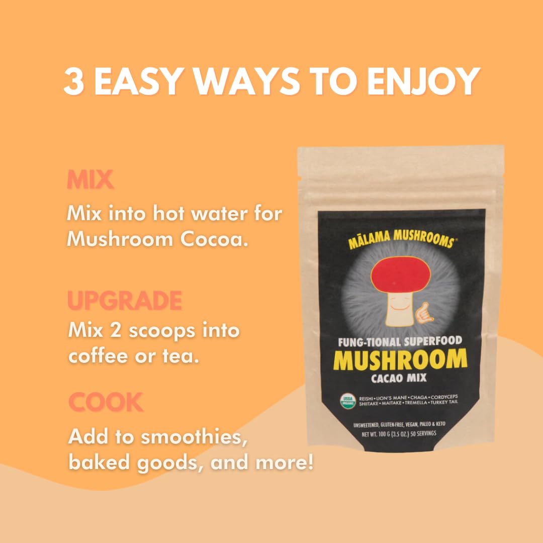 Malama Mushrooms: chaga en cacao con sabor rico y antioxidantes.