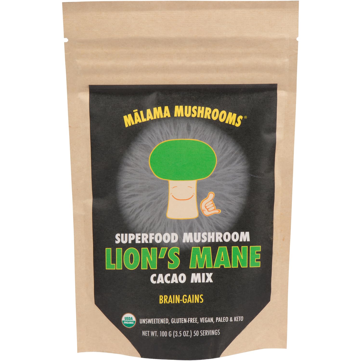 Malama Mushrooms: taza de cacao caliente con melena de león para enfoque claro.