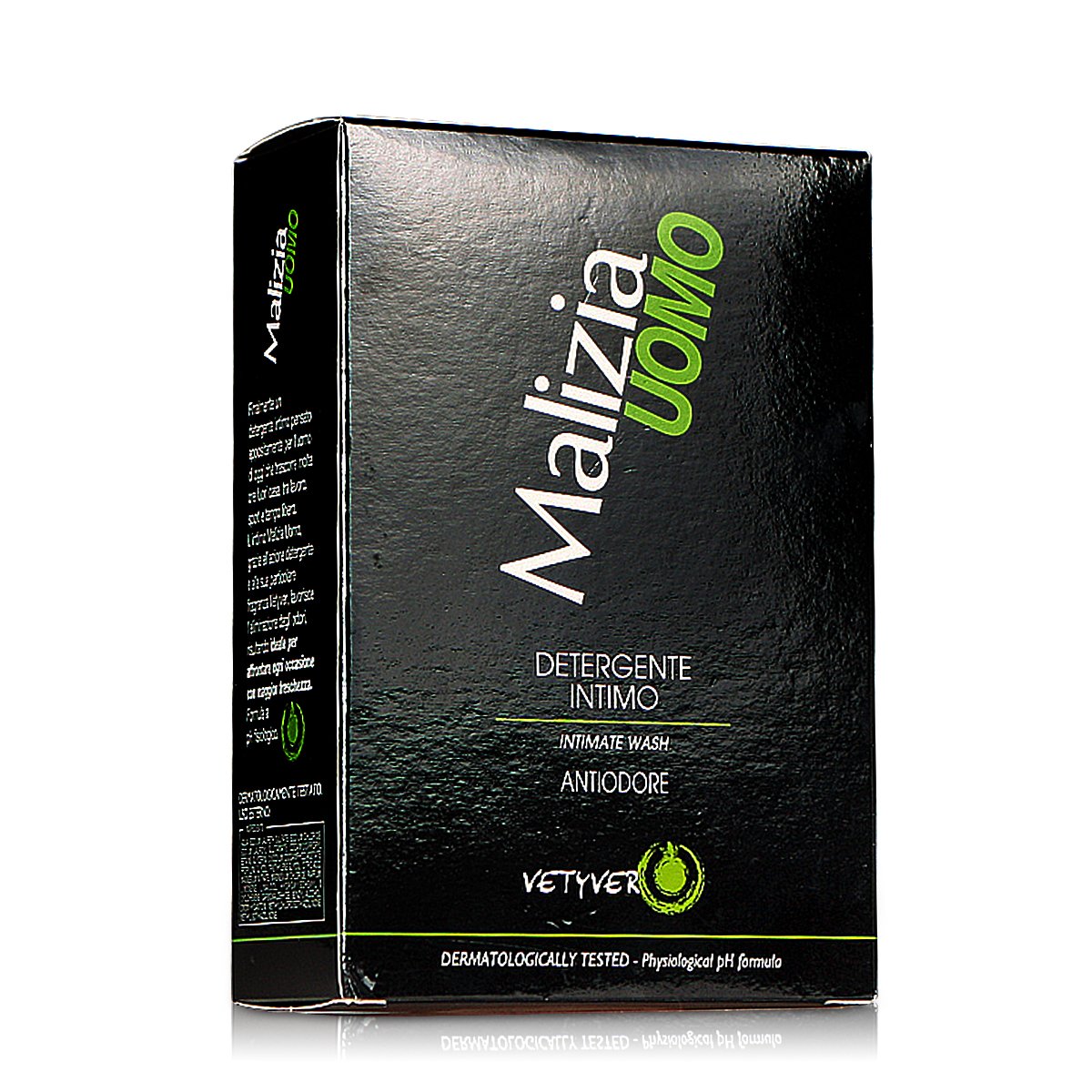 Frasco de 200 ml Malizia Uomo Vetiver, diseño compacto para llevar.