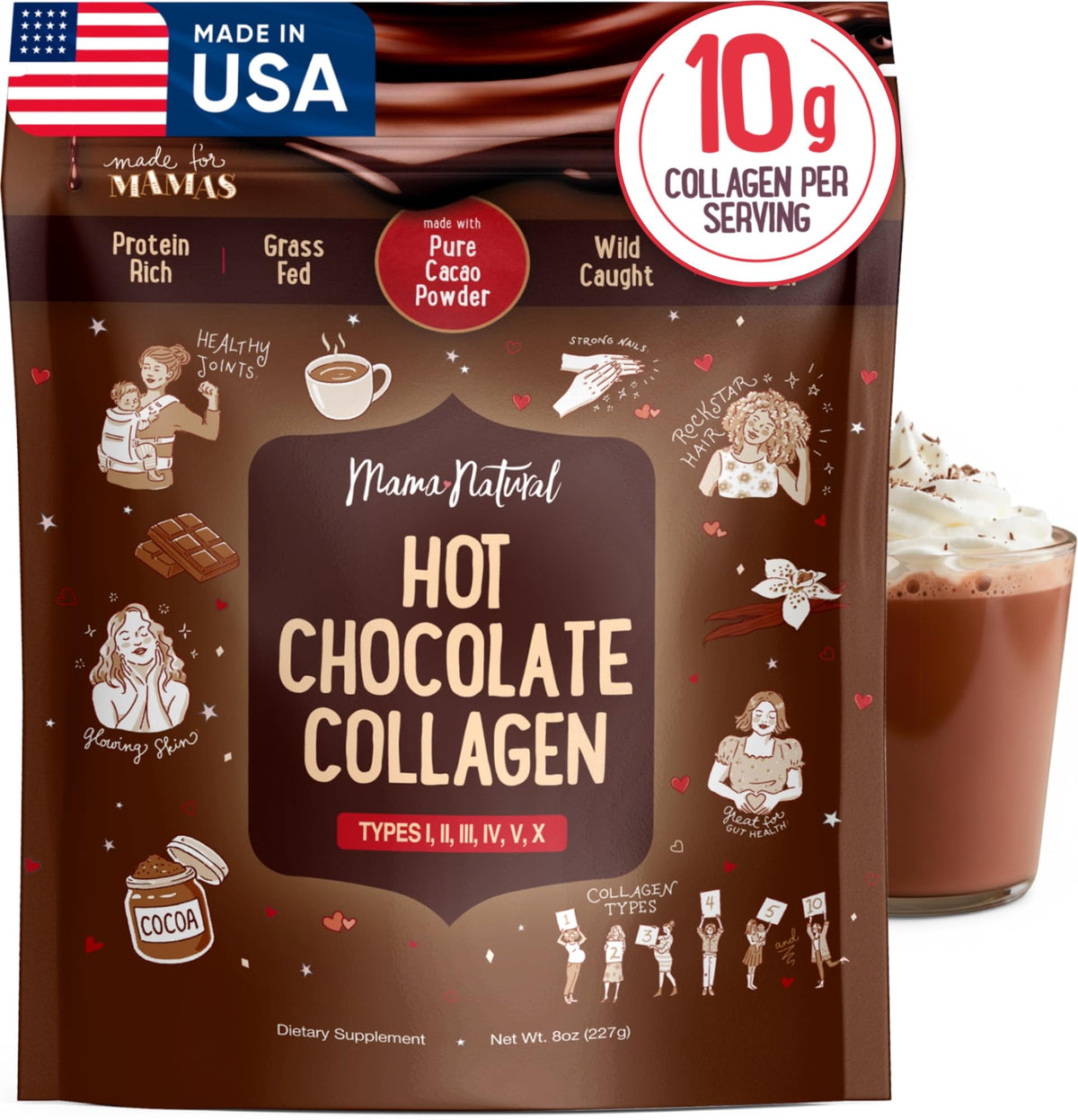 Mama Natural Colágeno Multi con cacao orgánico, frente: polvo puro para cuidado diario