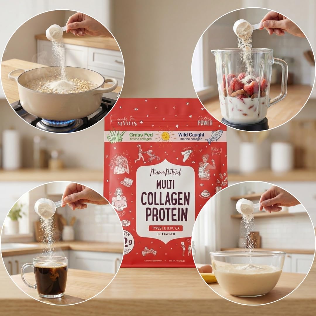 Mama Natural colágeno disuelto en vaso, fácil de incorporar en bebidas