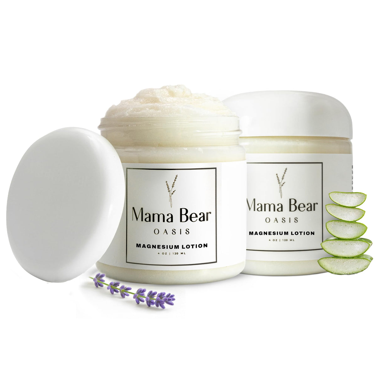 Loción de magnesio Mama Bear Oasis con lavanda en botella para uso diario.