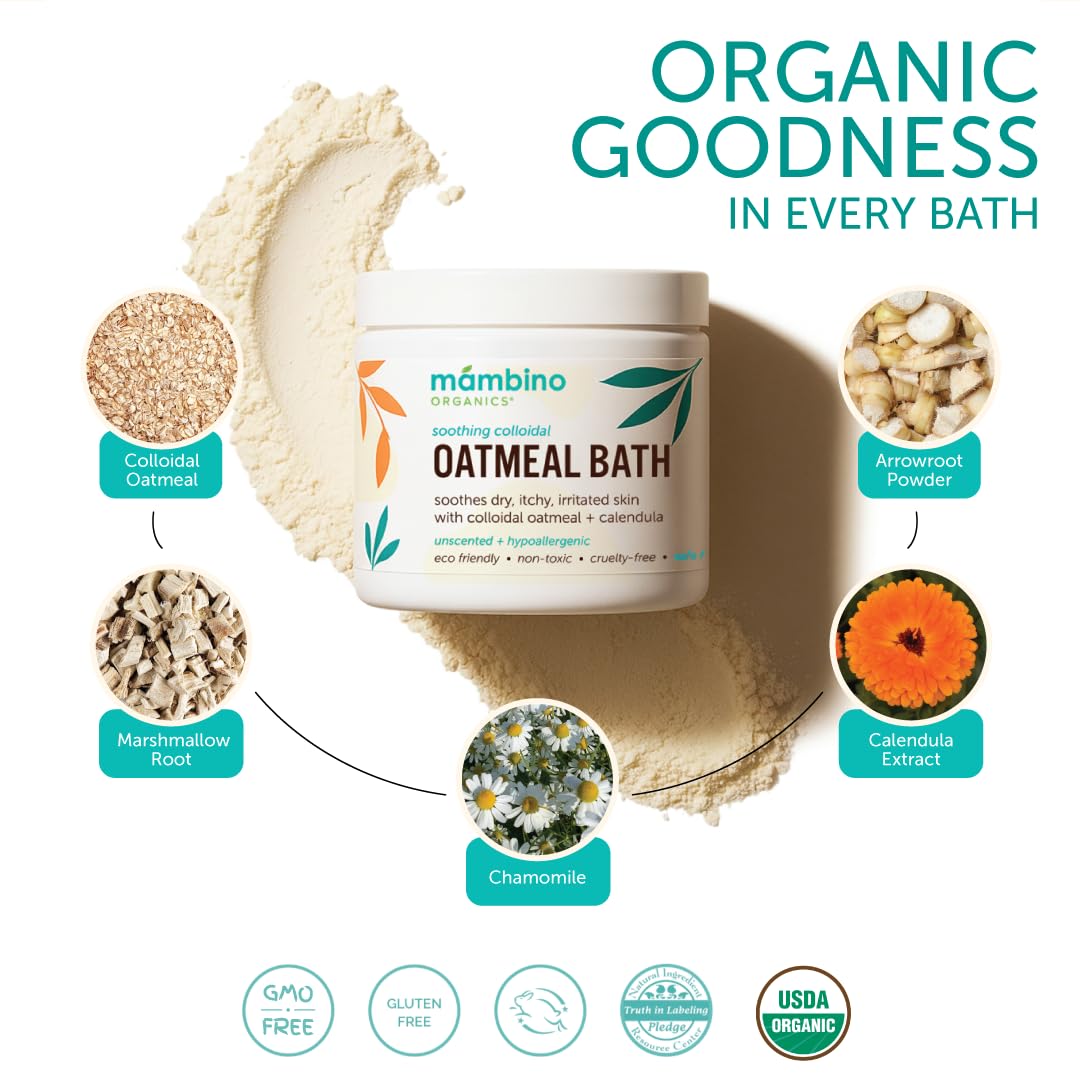 Mambino Organics Avena Coloidal Calmante, baño para niño, ayuda a calmar irritaciones.
