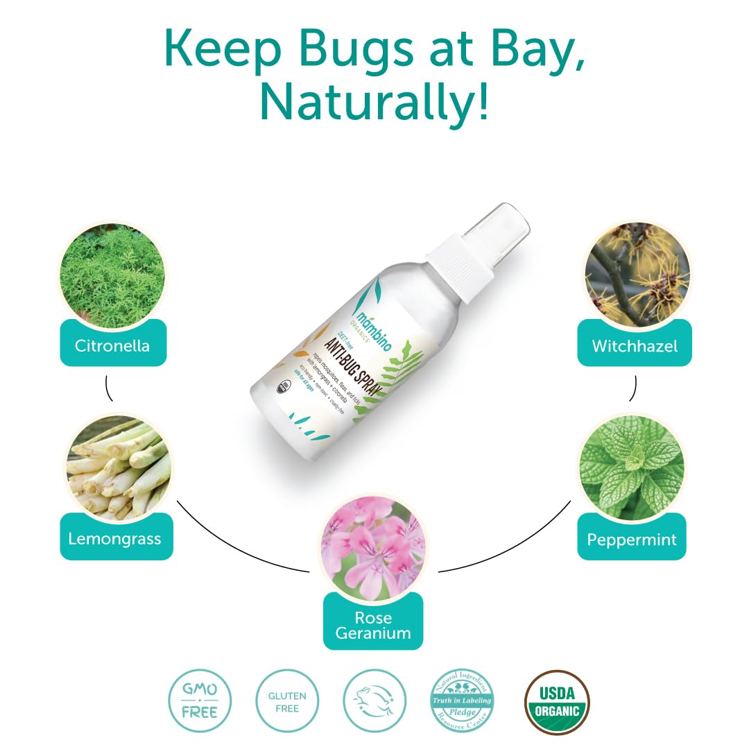 Mambino Organics Anti-Bug Spray aplicado en la mano, prevención de picaduras sin químicos