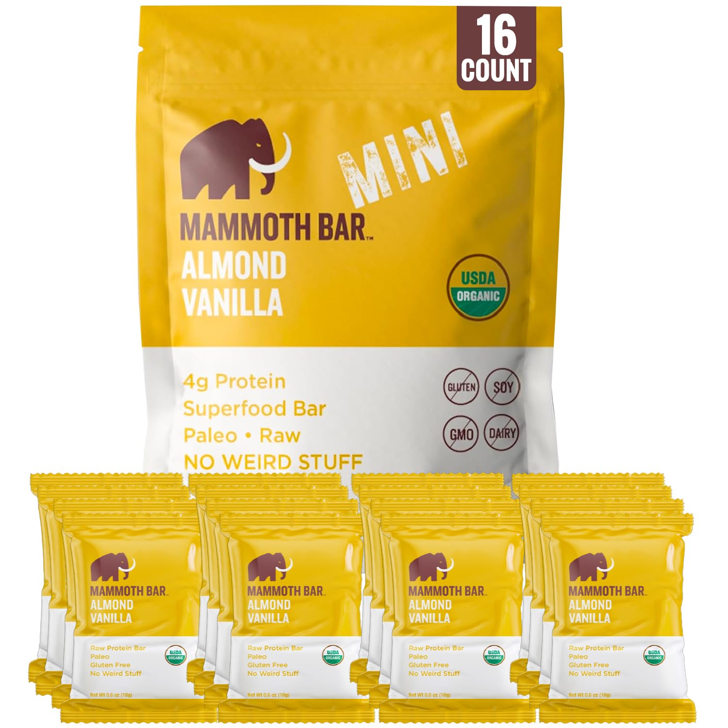 Mammoth Bar Almendra Vainilla: empaque compacto para snack orgánico en cualquier lugar.