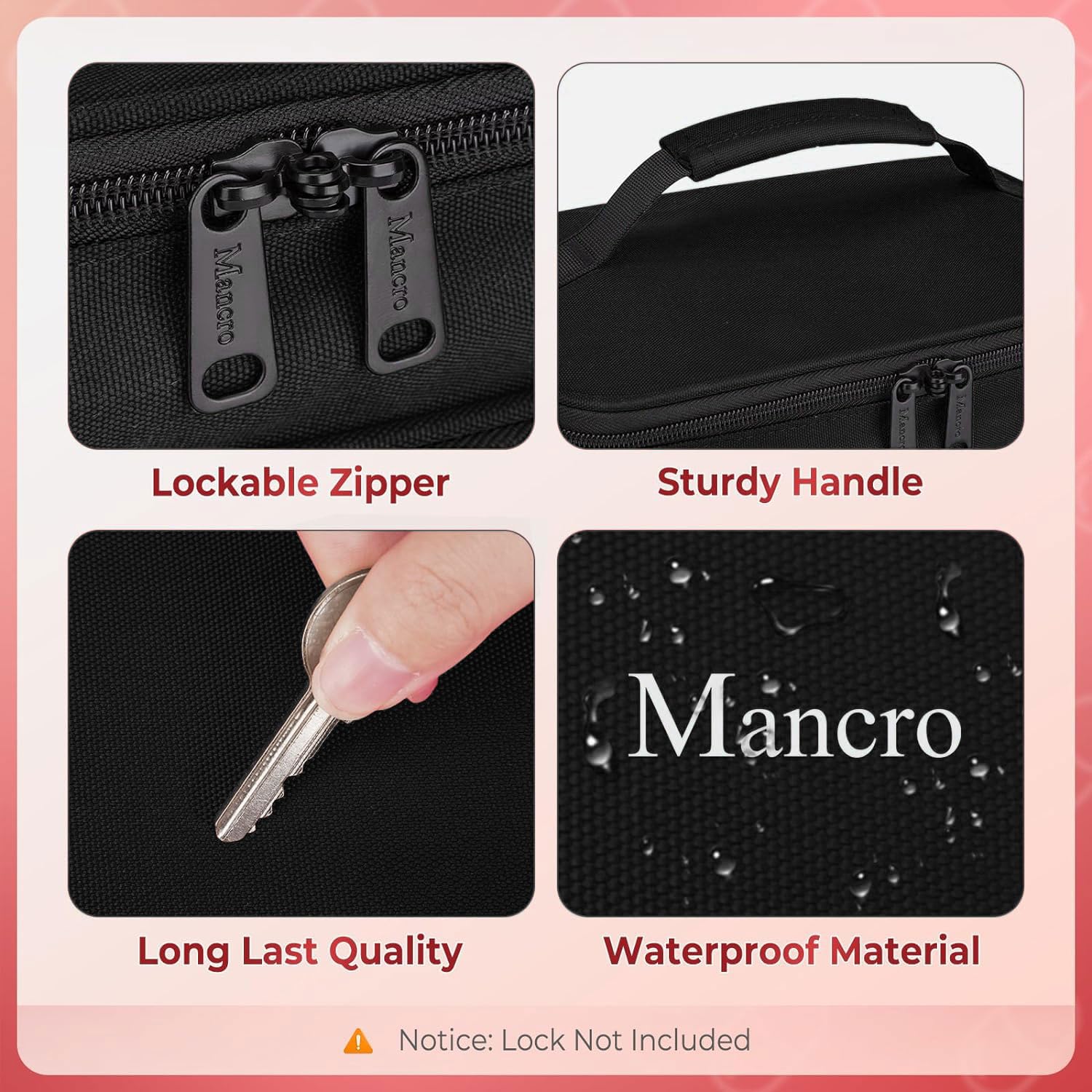 Mancro: material resistente al agua para protección diaria y de viaje.