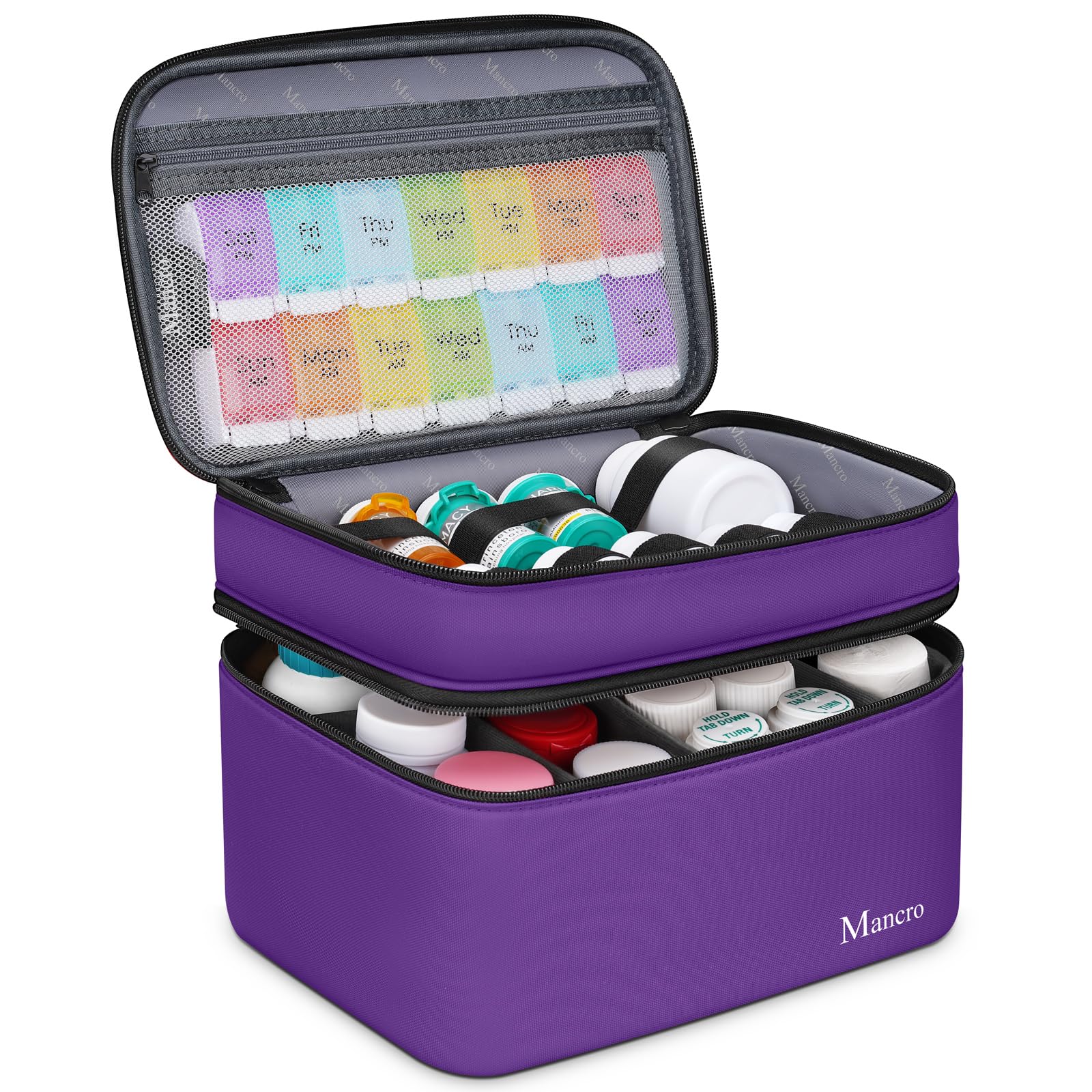 Mancro organizador-pildoras con dobles capas para mantener frascos ordenados.