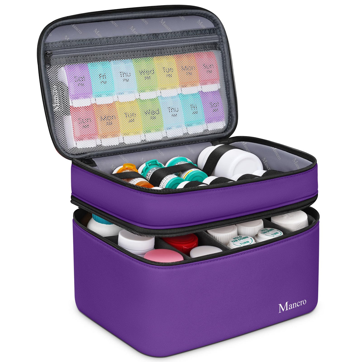 Mancro organizador-pildoras con dobles capas para mantener frascos ordenados.