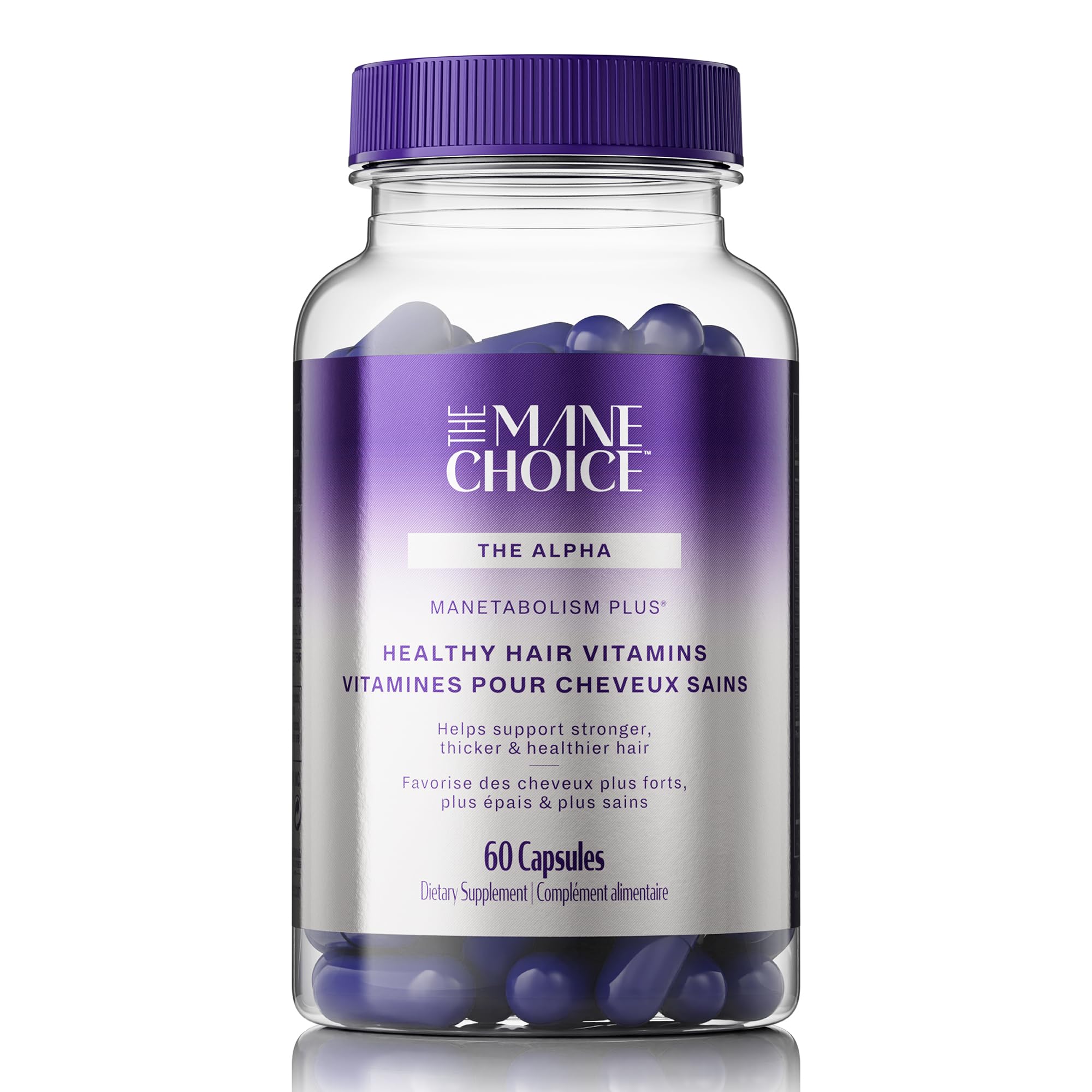 Manetabolism Plus de The Mane Choice, cápsulas visibles en frasco, posible crecimiento capilar.