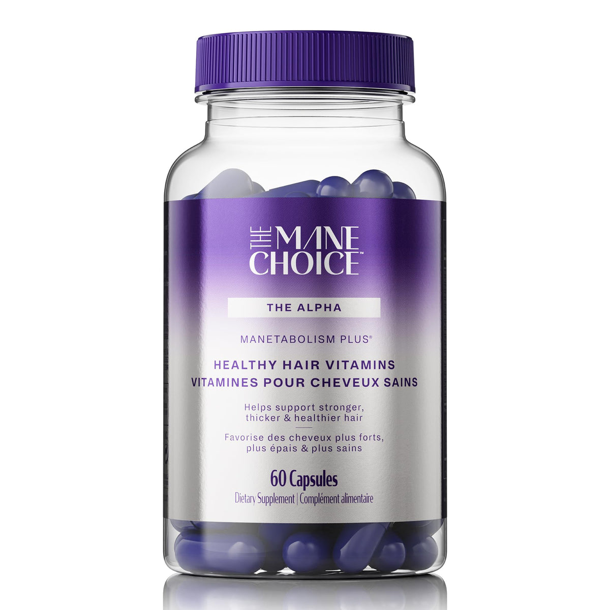 Manetabolism Plus de The Mane Choice, cápsulas visibles en frasco, posible crecimiento capilar.