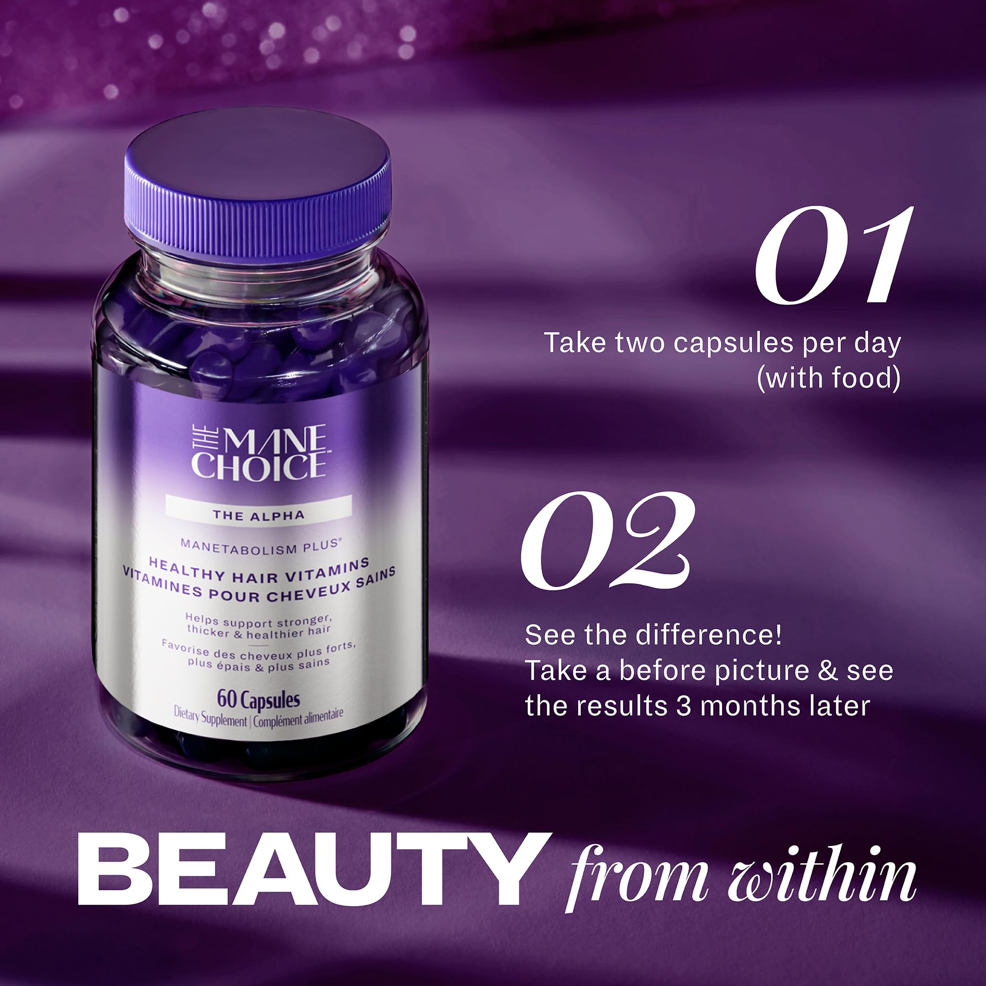 Manetabolism Plus de The Mane Choice, etiqueta frontal visible, beneficios para cabello y uñas.