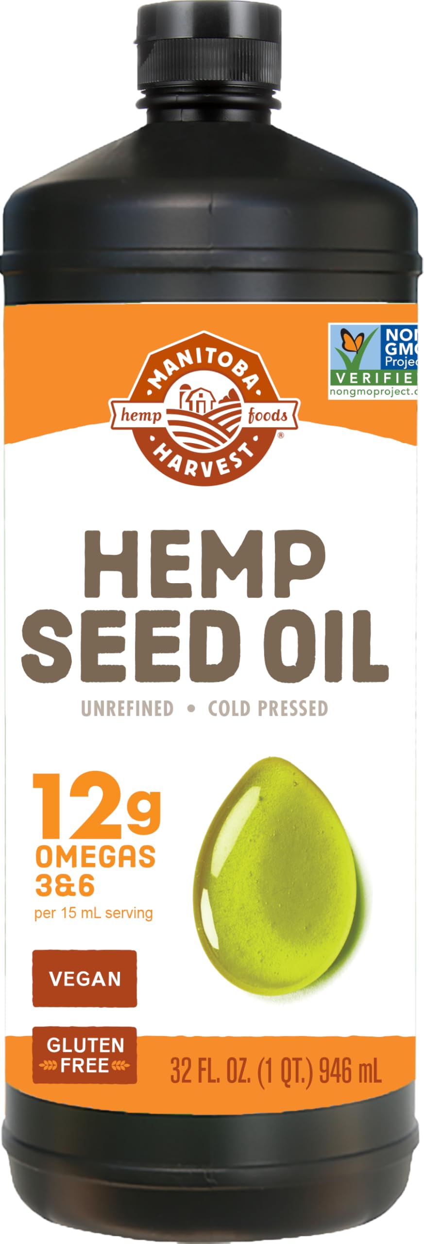 Aceite de cáñamo Manitoba Harvest en botella, realza platos con sabor a nuez.