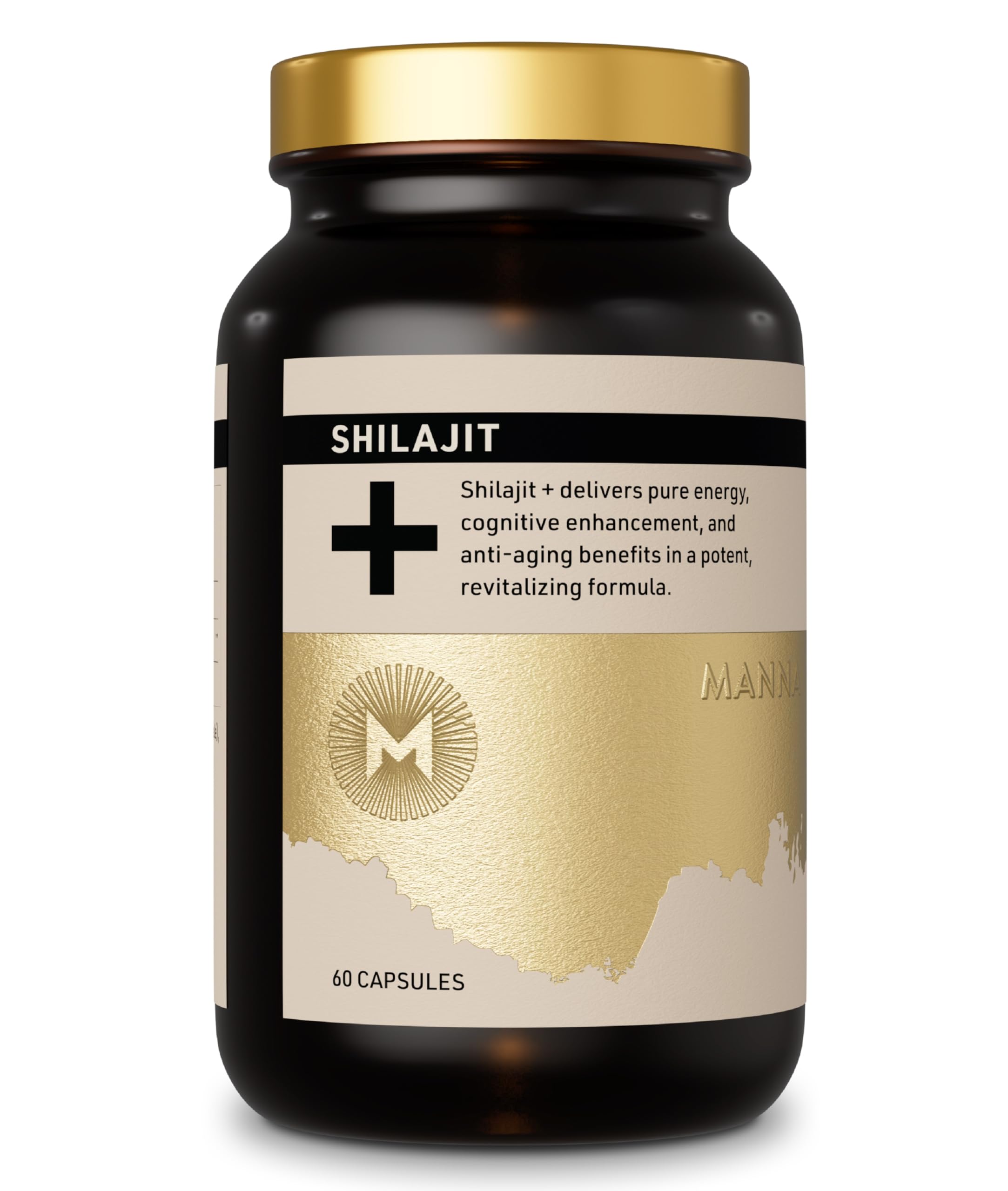 M Manna Vitalidad Shilajit Cápsulas en botella para energía sostenida.