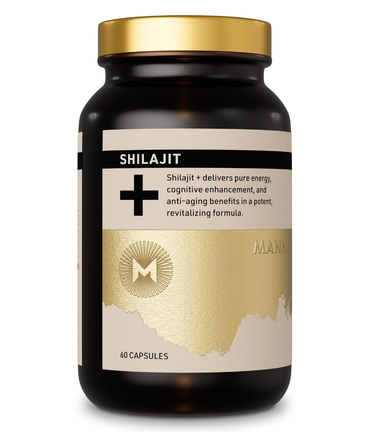M Manna Vitalidad Shilajit Cápsulas en botella para energía sostenida.