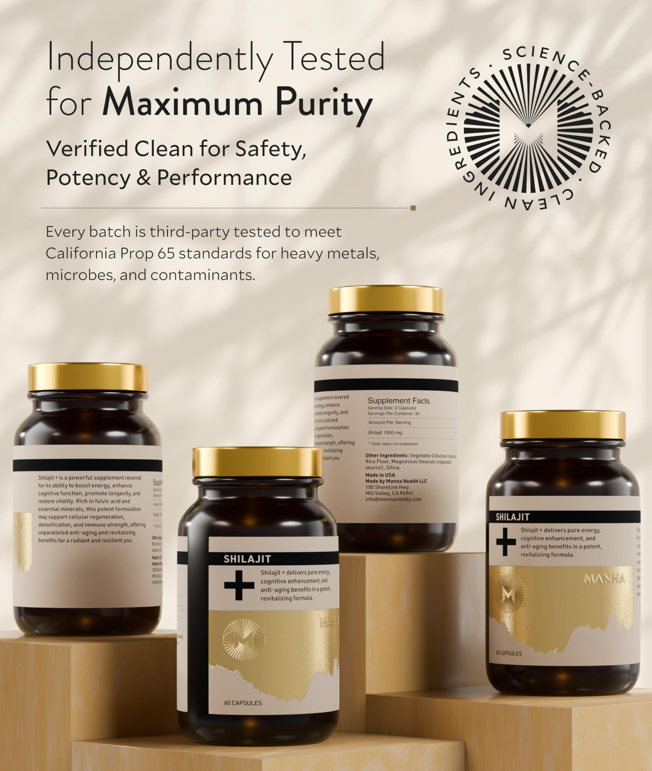 Etiqueta frontal de M Manna Shilajit muestra pureza y potencia.