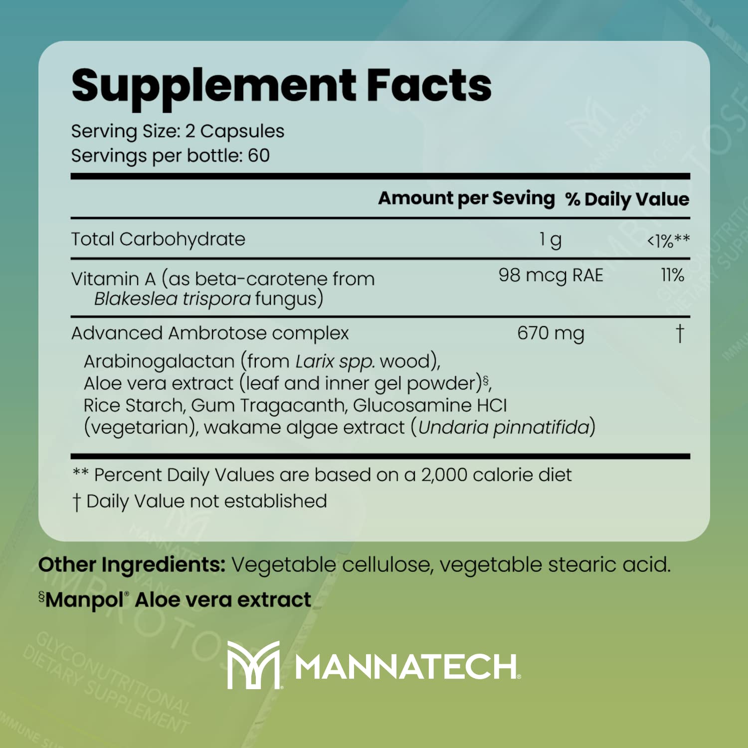 Mannatech Ambrotose botella con cápsulas: consumo diario cómodo.