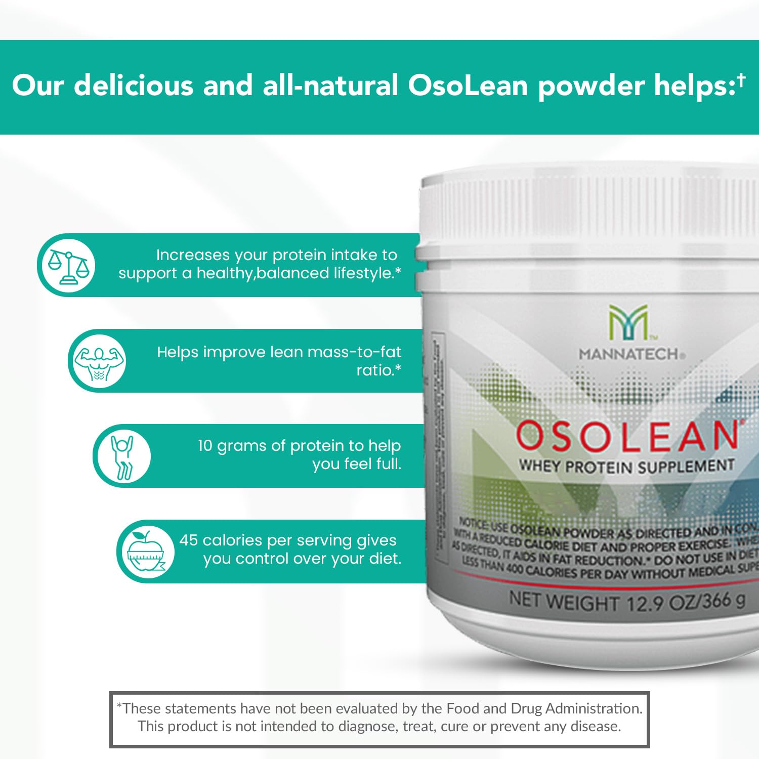 Mannatech OsoLean etiqueta detalle, contiene proteína de soja de calidad y minerales.