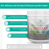 Mannatech OsoLean etiqueta detalle, contiene proteína de soja de calidad y minerales.