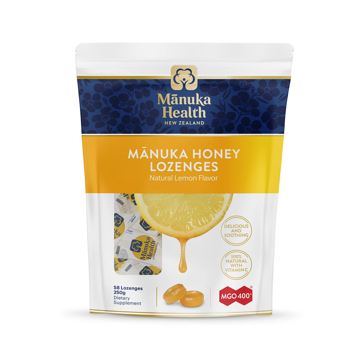 Pastillas para la tos Manuka Health limón en lata, sabor cítrico suave para la garganta.