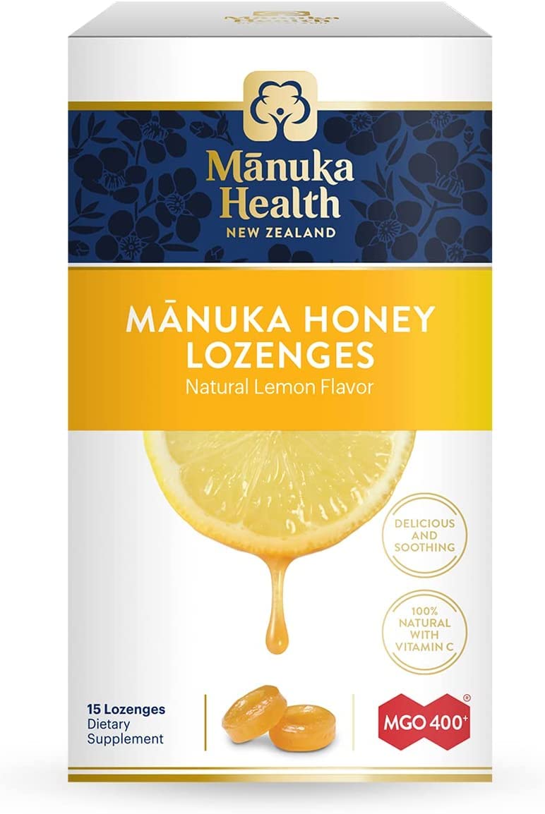 Pastillas Manuka Health limón en envase, prácticas para consumo diario.