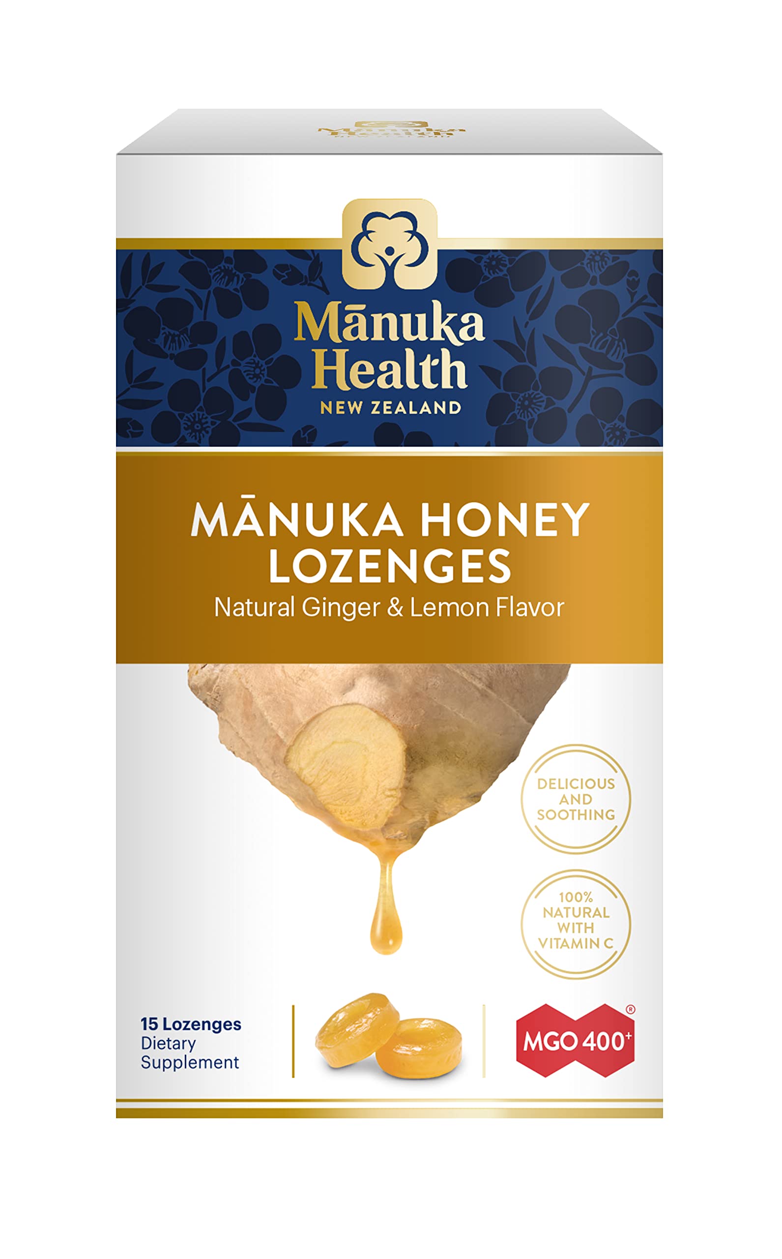 Pastillas Manuka Health limón y jengibre en envase, alivio para la garganta.