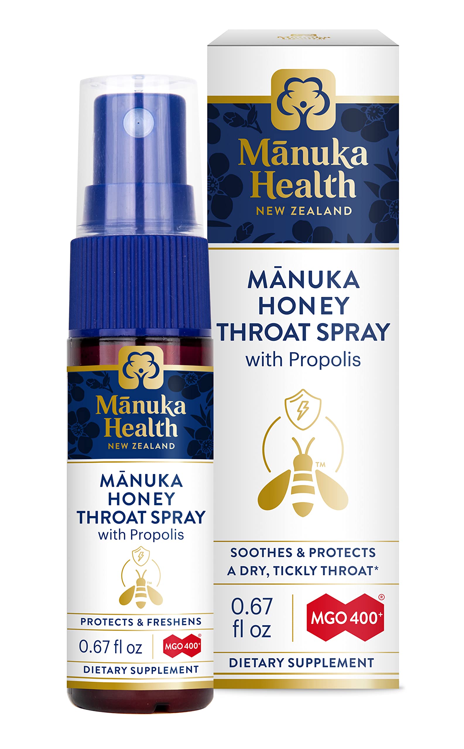 Spray garganta Manuka Health en frasco compacto para llevar.
