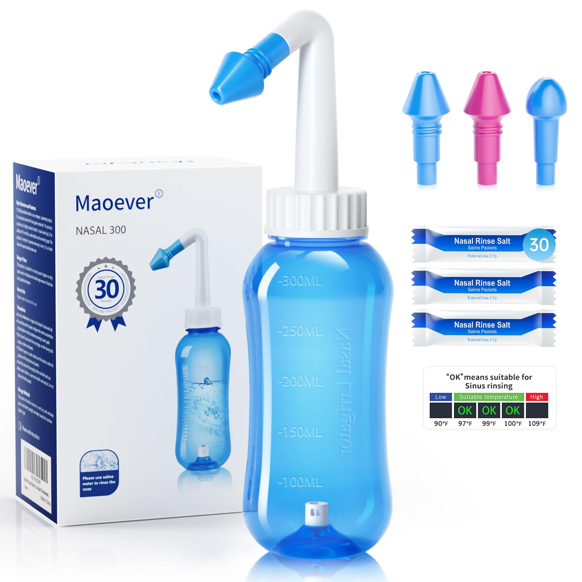 MAOEVER Neti Pot con control de flujo de agua para un enjuague nasal suave y cómodo