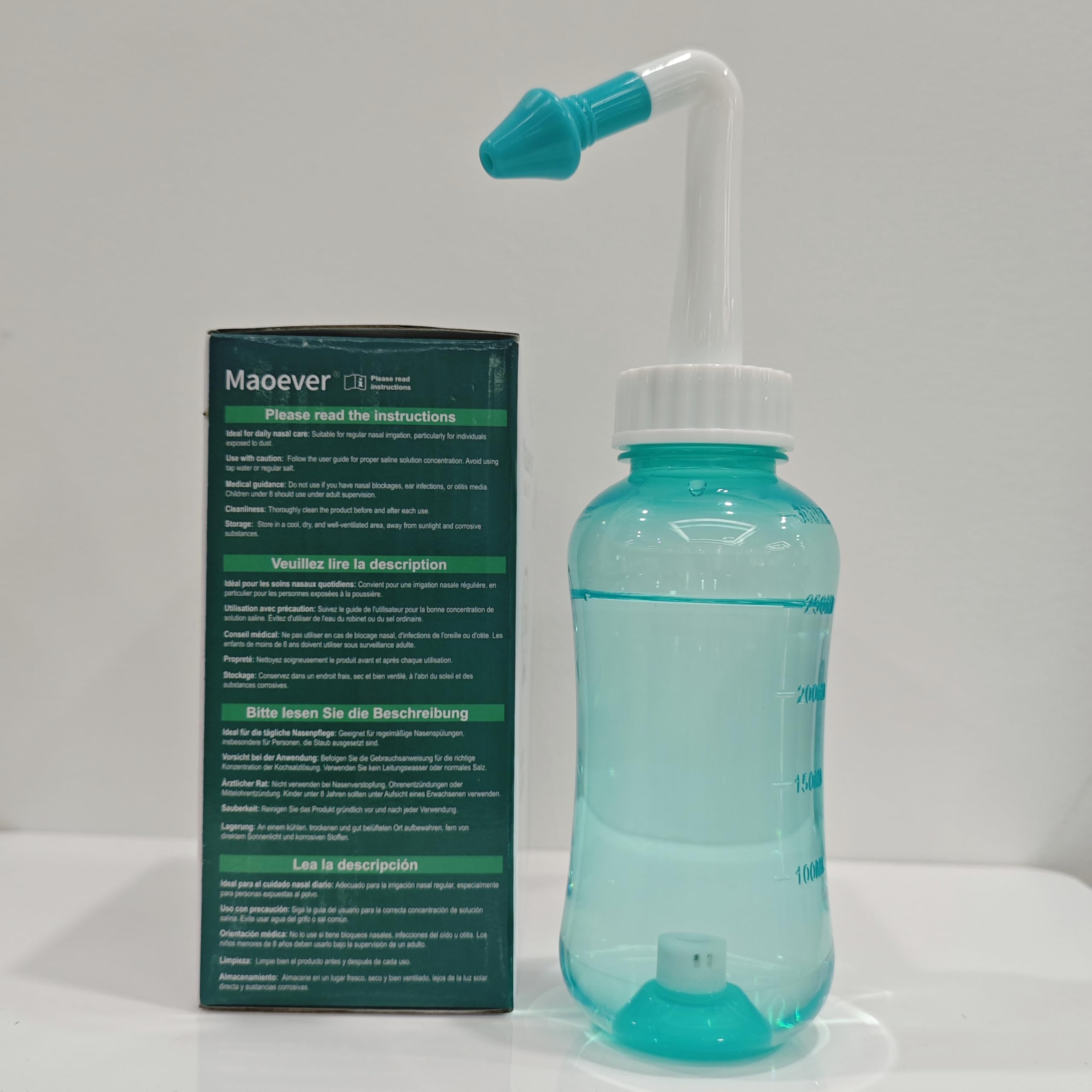 MAOEVER Neti Pot: flujo gravitacional facilita el riego nasal sin esfuerzo.