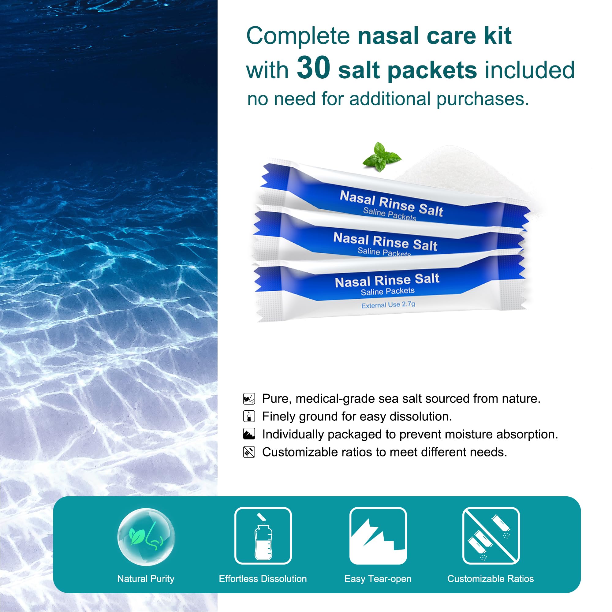MAOEVER Neti Pot: incluye 30 sobres de sal nasal para enjuagues prácticos.