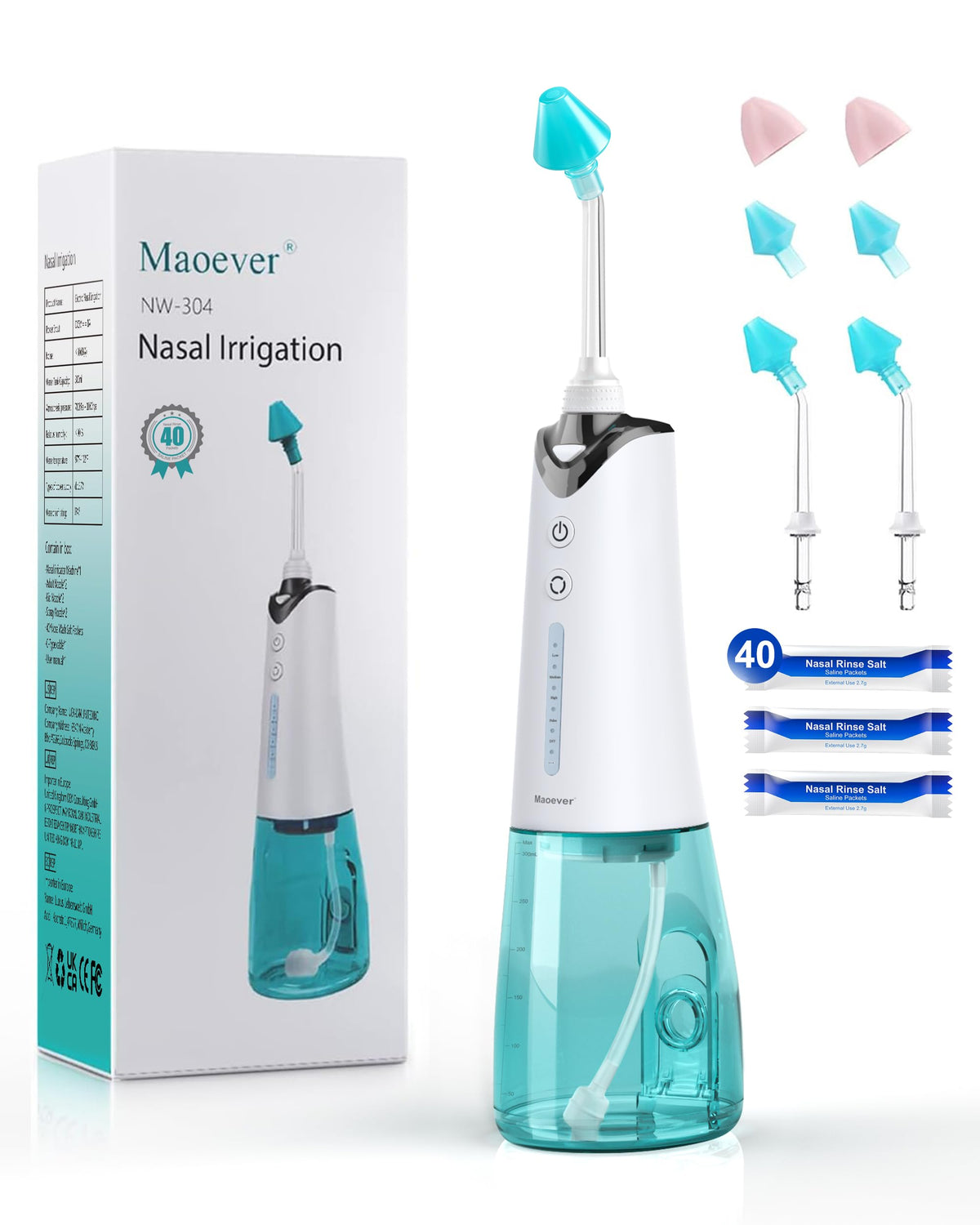 MAOEVER sistema de irrigacion nasal inalambrico con tanque 300 ml para limpieza profunda.