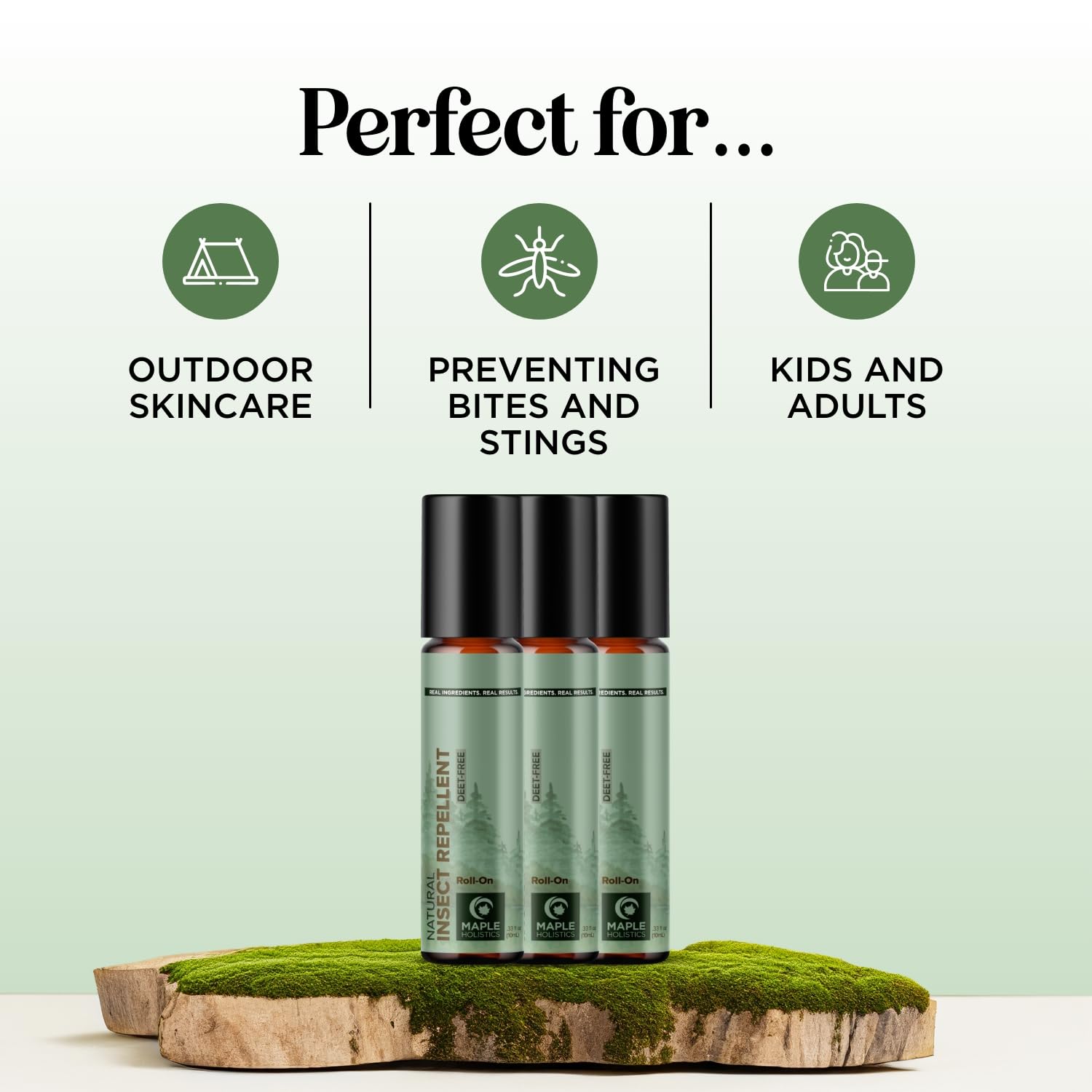 Maple Holistics Roll-On contiene citronela, romero y hierba de limón en aceite base.