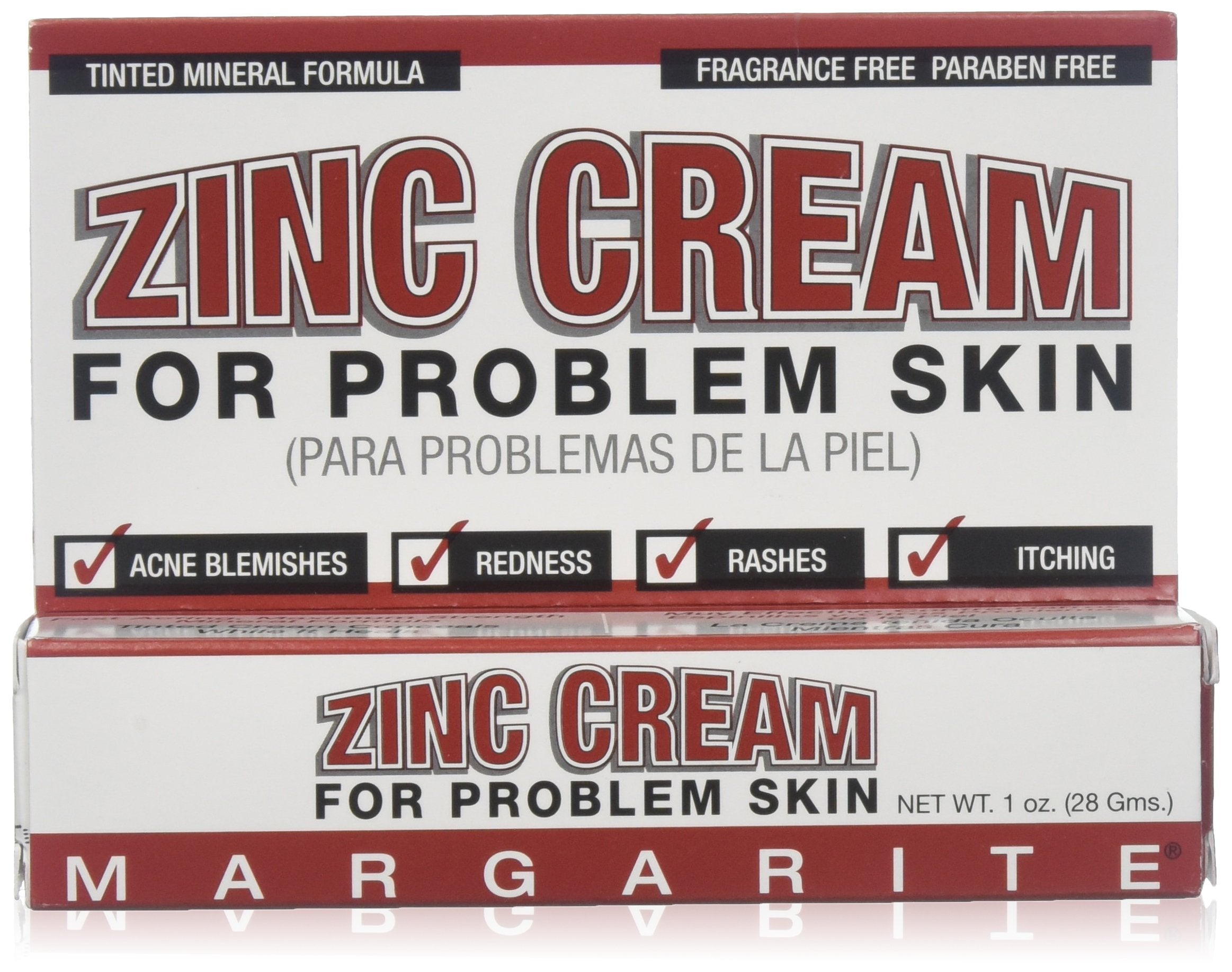 Margarite Zinc Cream 1oz en tubo, aplicación para irritaciones diarias.