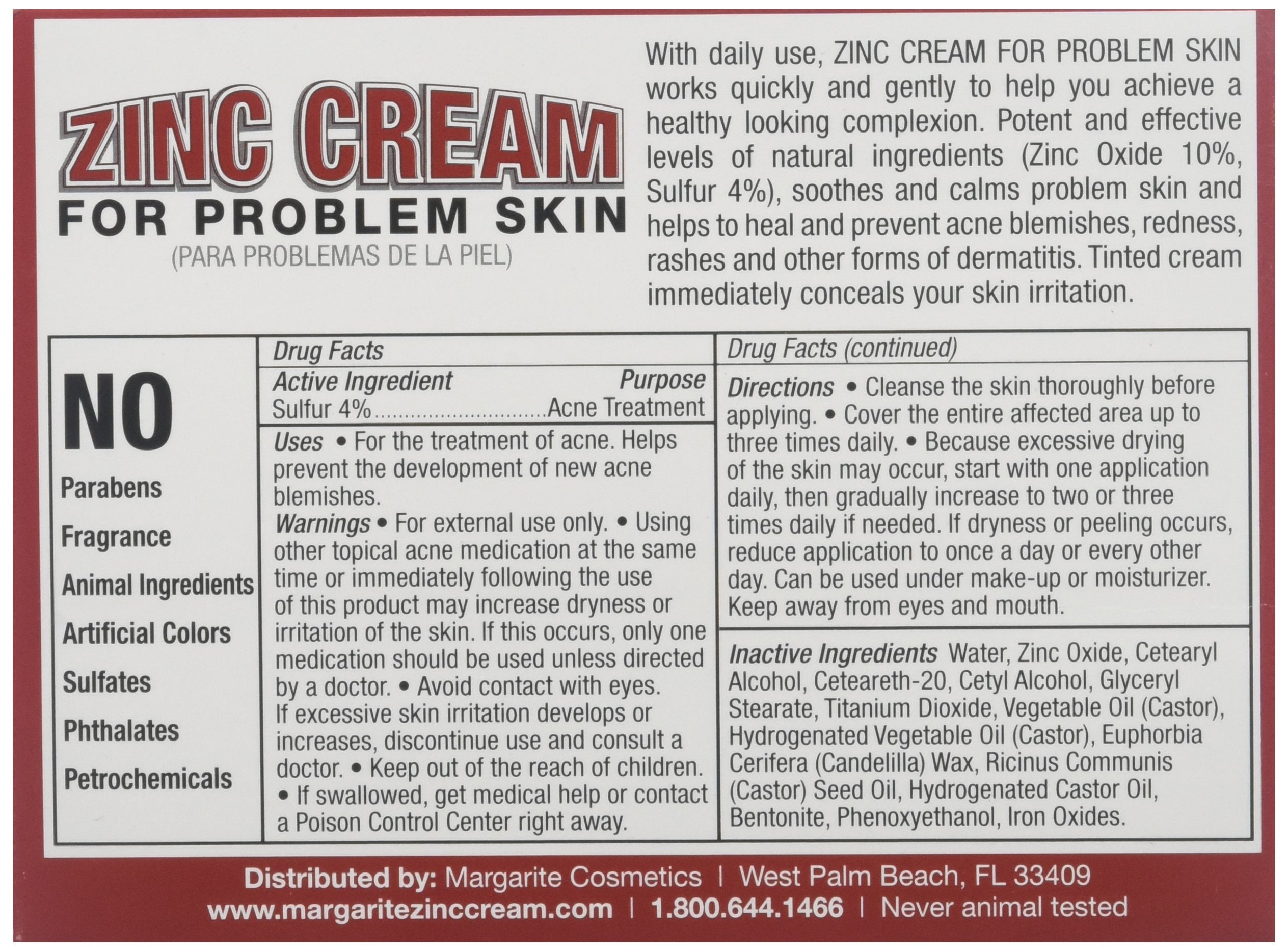 Margarite Zinc Cream 1oz etiqueta frontal, crema para imperfecciones y tono suave.