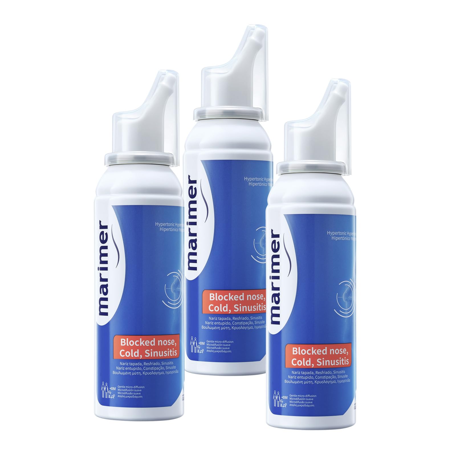 Marimer spray nasal con concentración hipertonica 2,2% para aliviar congestión nasal de forma natural.