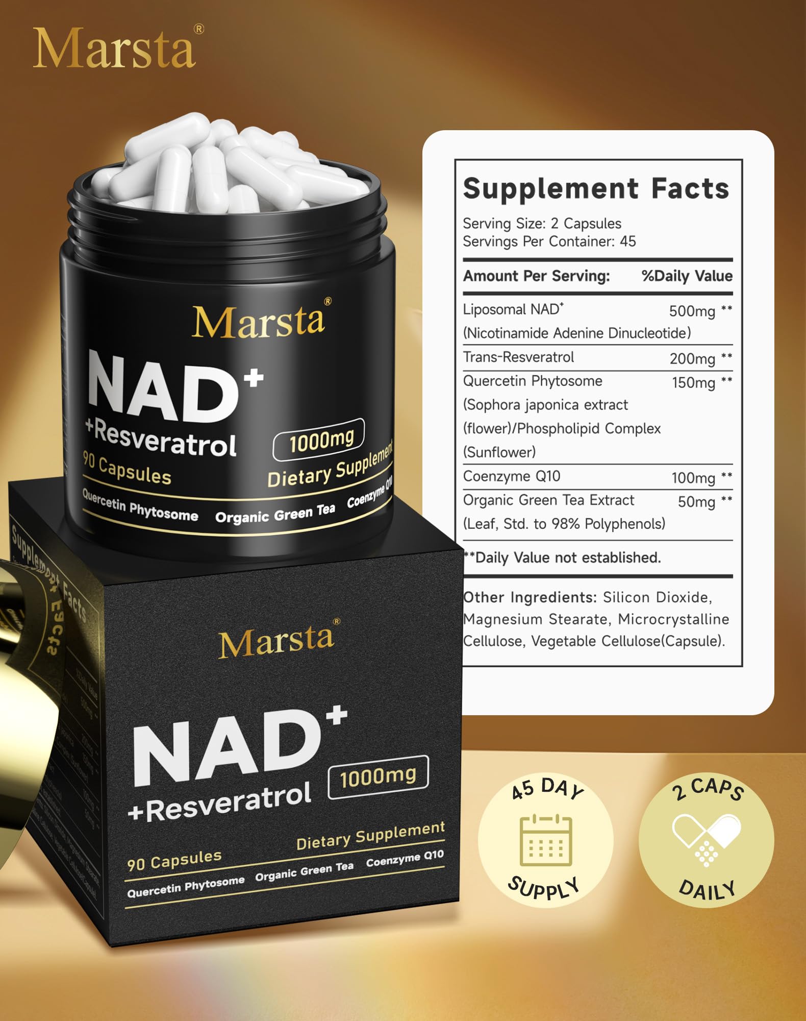 MARSTA Resveratrol y Quercetina - ingredientes clave, apoyo antioxidante para la piel y energía.