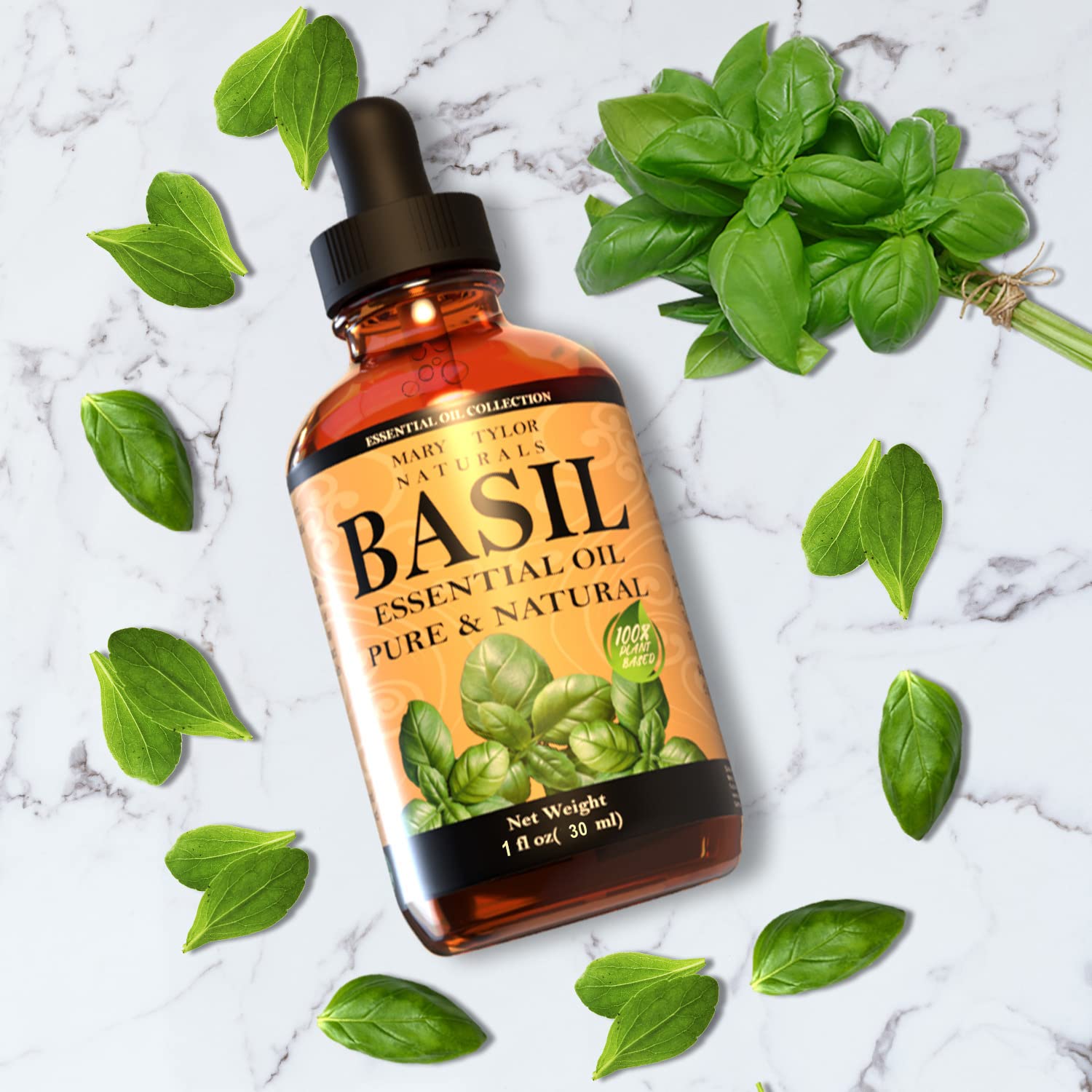 Mary Tylor Naturals Basil Aceite Esencial, etiqueta clara para identificar pureza.