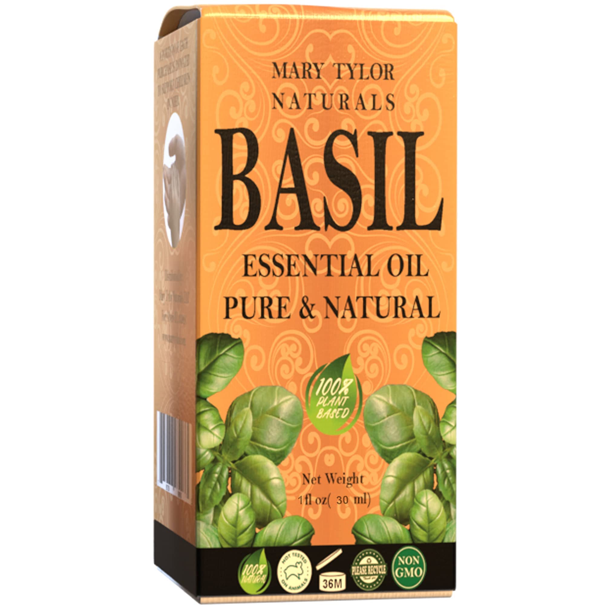 Mary Tylor Naturals Basil Aceite Esencial, frasco ámbar que protege la fragancia.