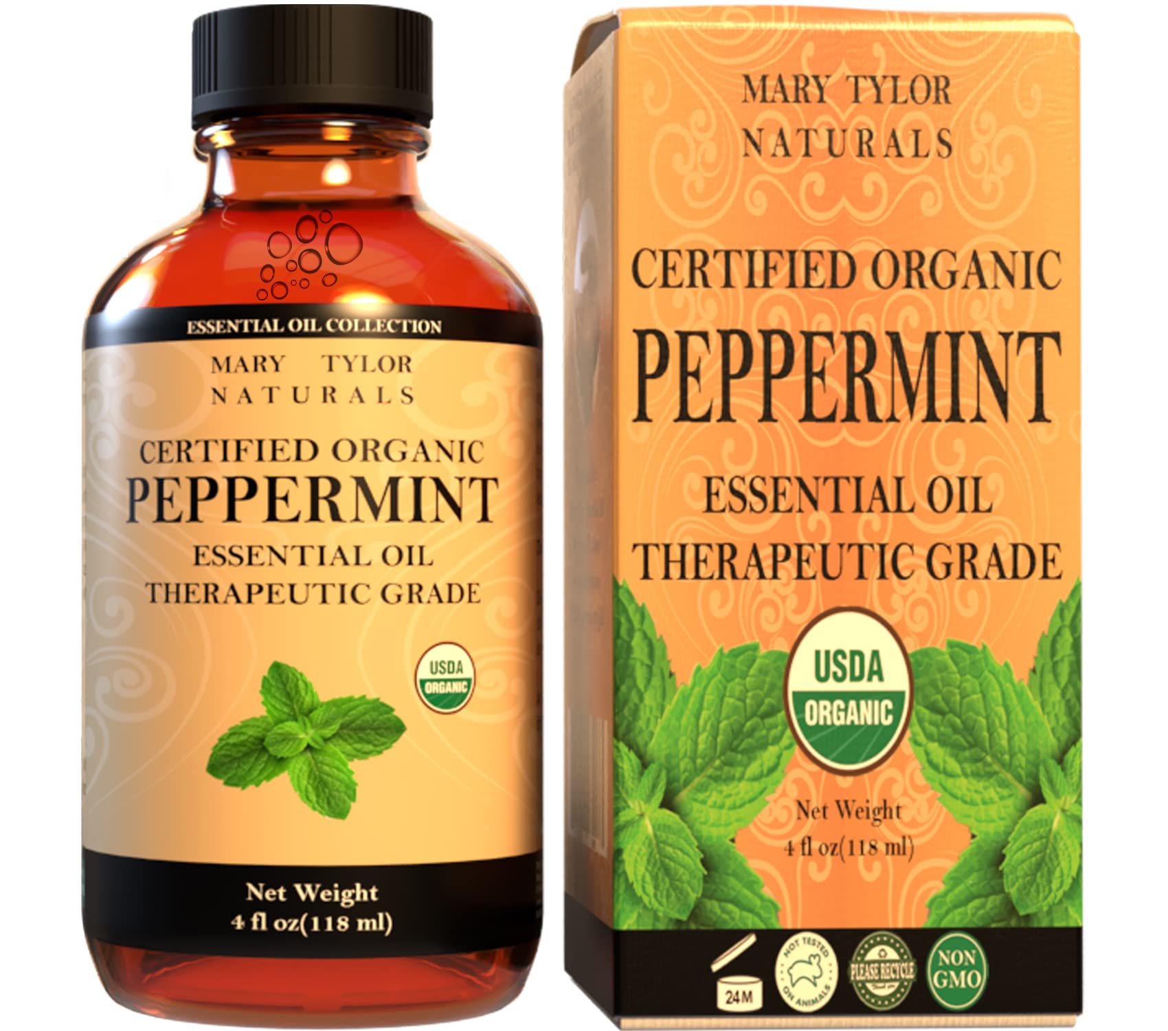 Mary Tylor Naturals menta orgánica 4 oz en botella lista para aromaterapia.