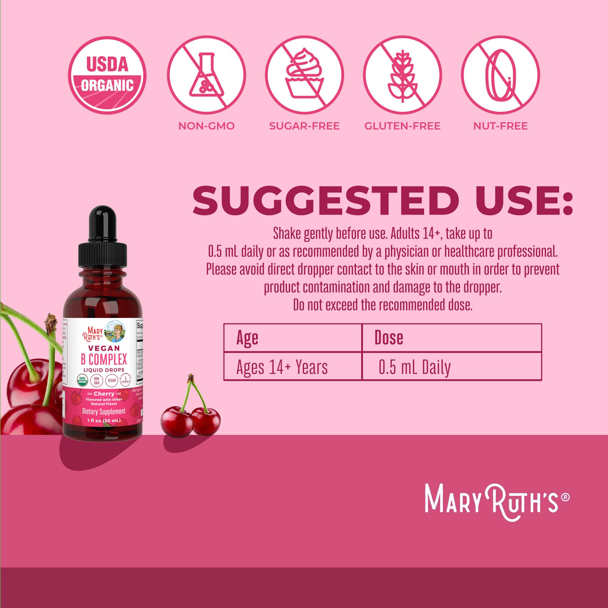 MaryRuth's Complejo B, frasco compacto, fácil almacenamiento.