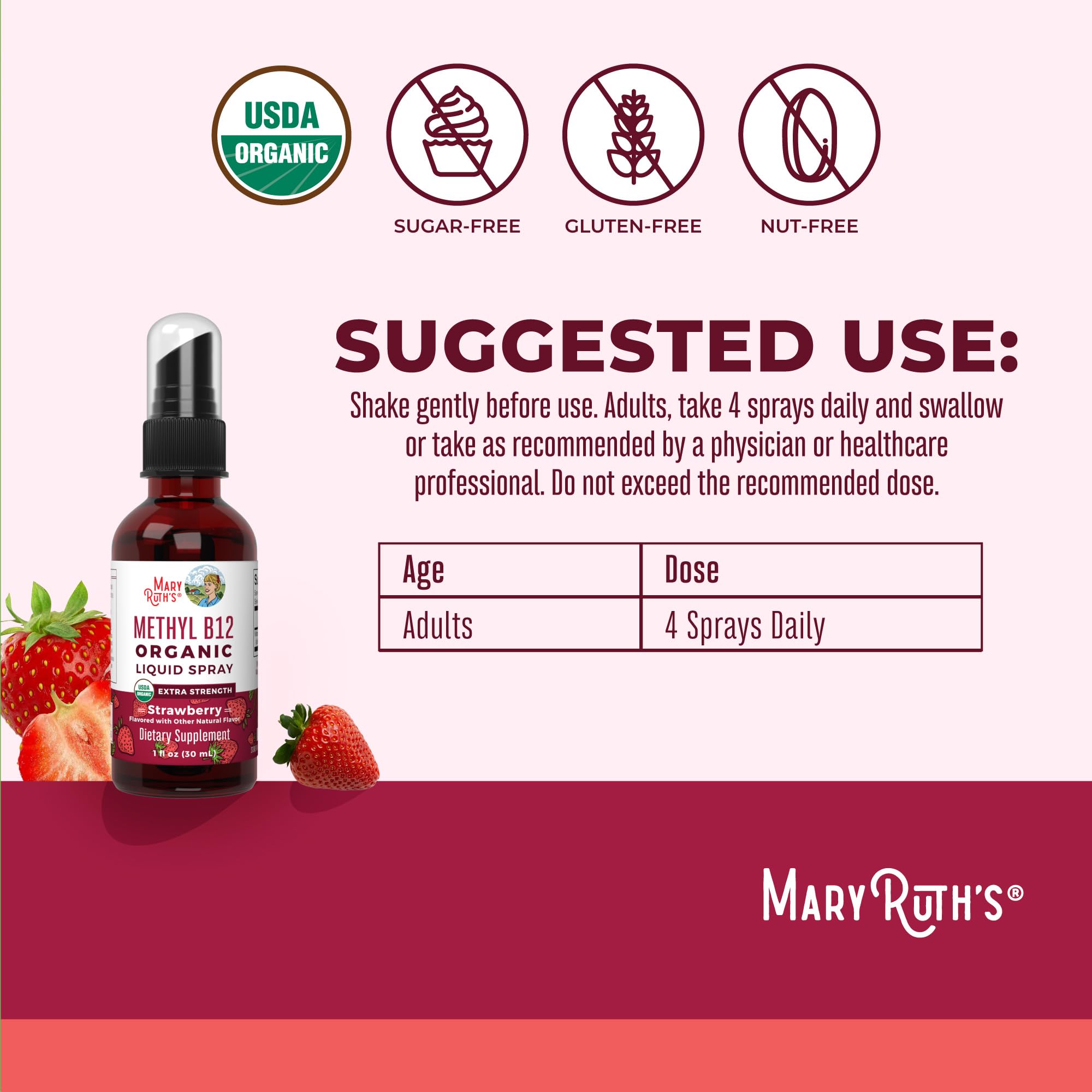 MaryRuth's B12 spray: frasco de 1 onza para dosis diarias simples.