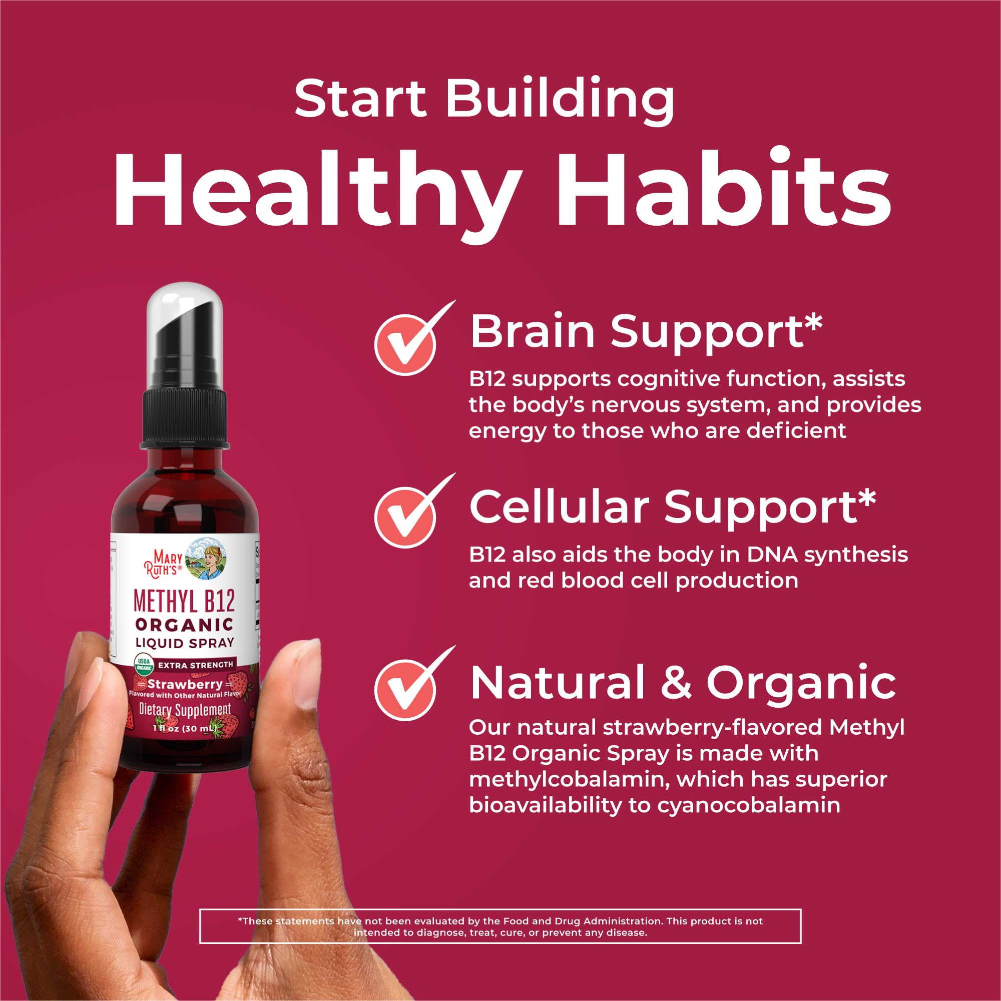 MaryRuth's B12 spray: sabor fresa agradable para la experiencia diaria.