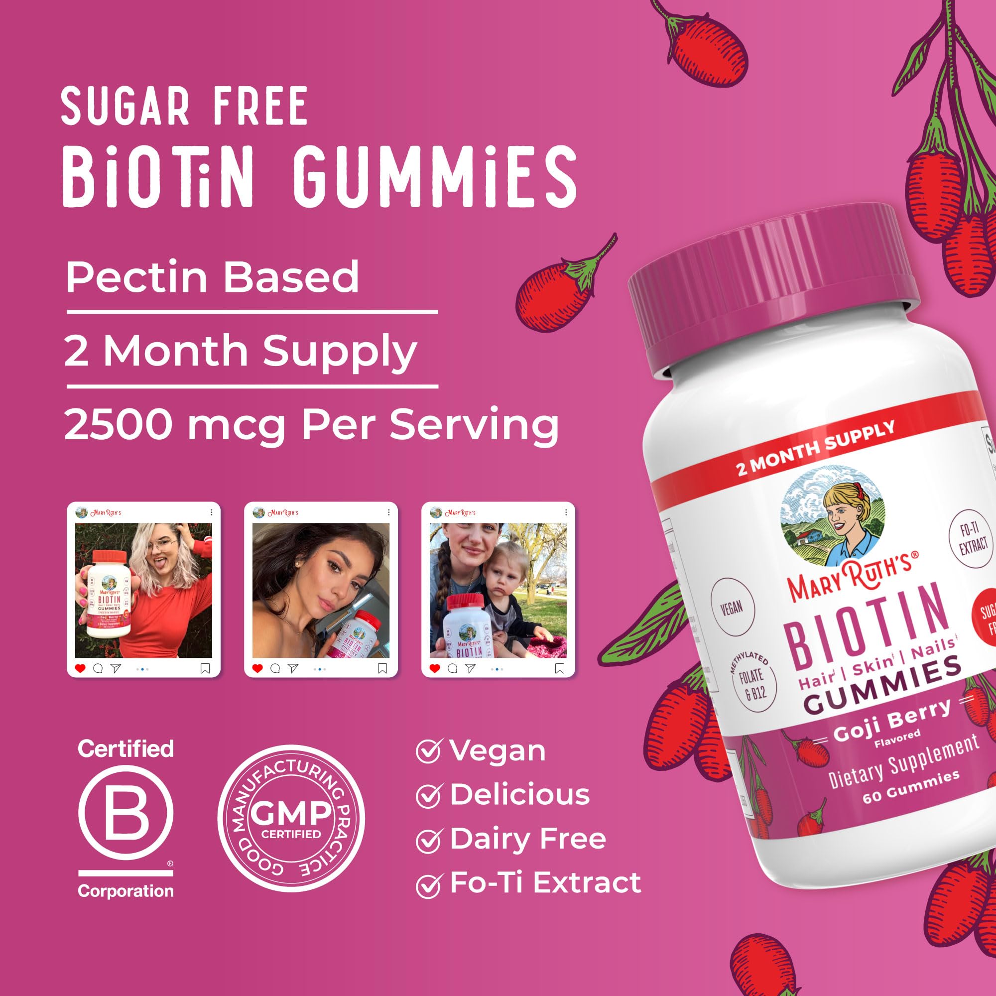 MaryRuth's Biotina Gominolas: envase 60 porciones para uso diario.