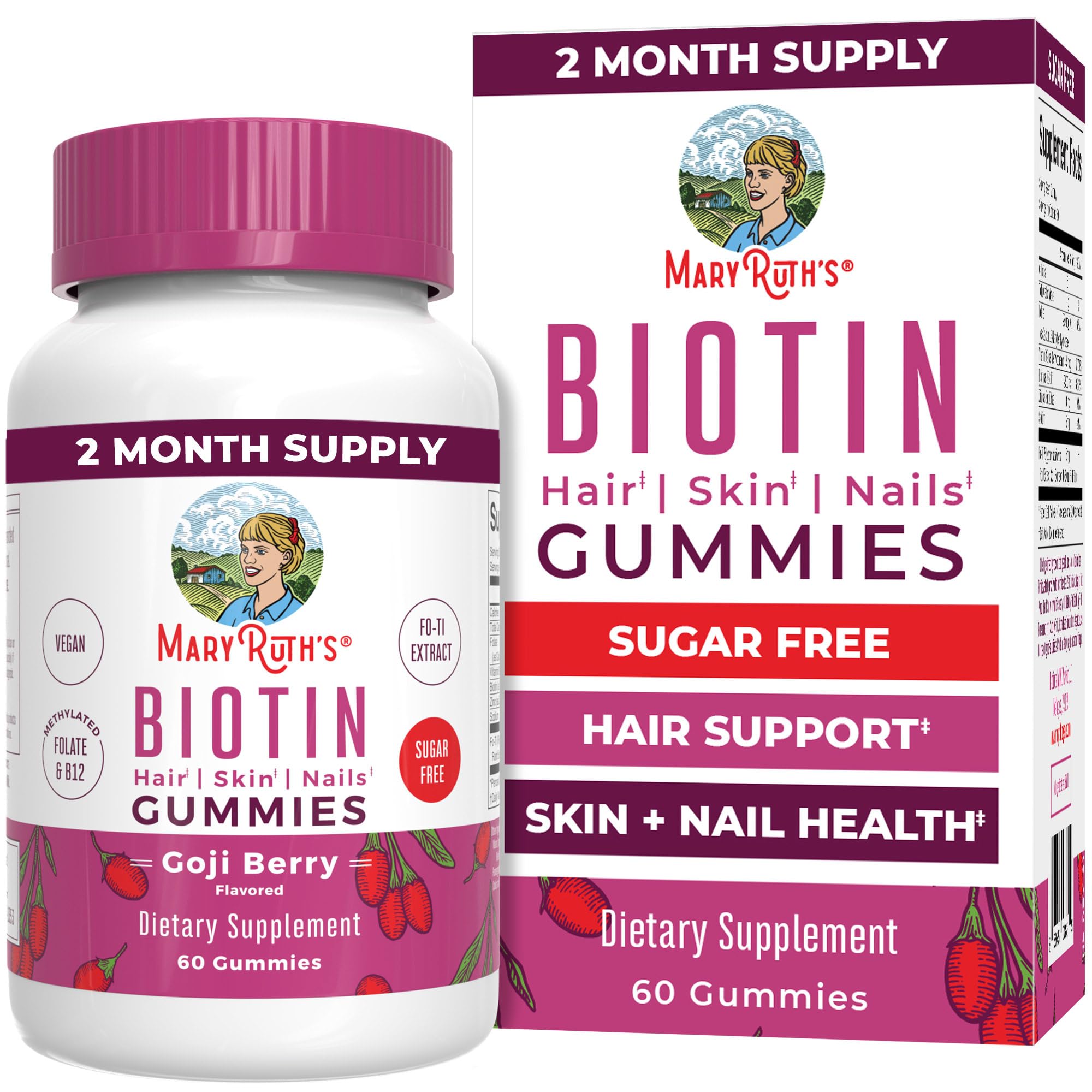MaryRuth's Biotina Gominolas: vista frontal de la botella, favorece cabello y uñas saludables.