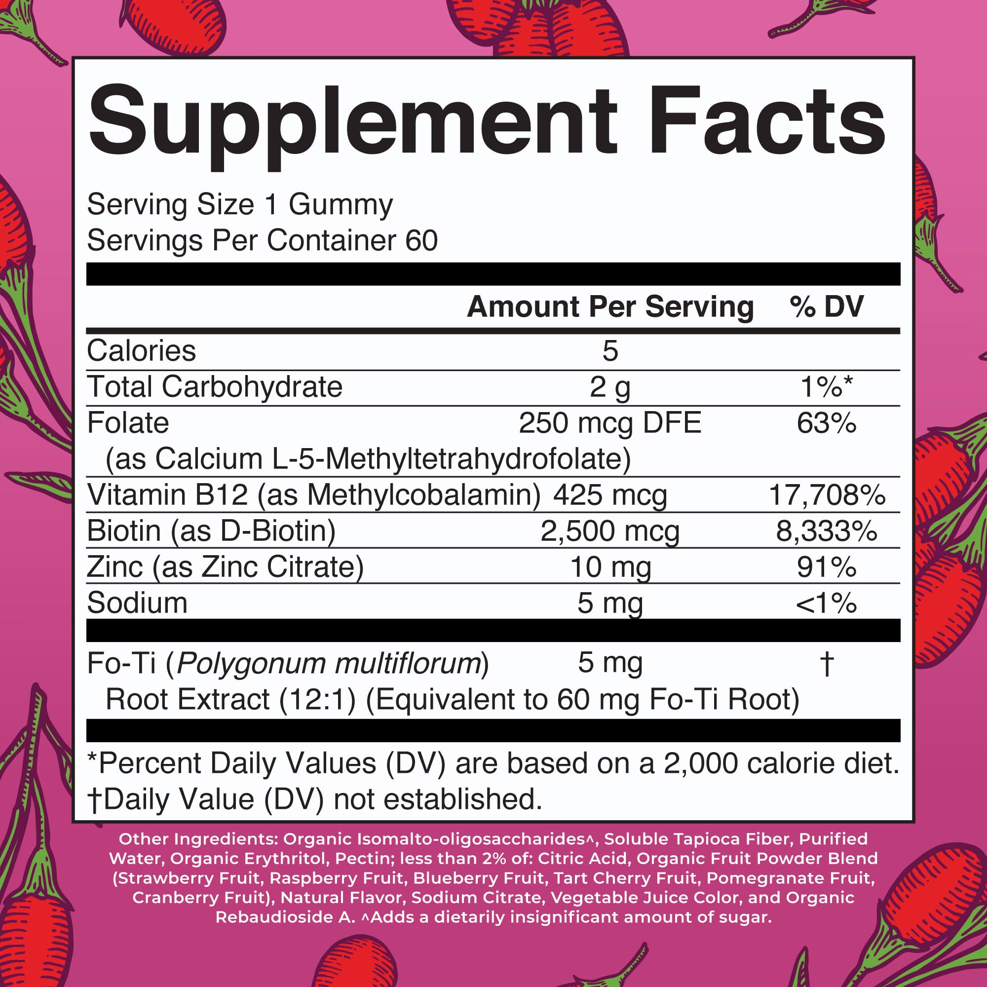 MaryRuth's Biotina Gominolas: etiqueta detallada con vitaminas B y zinc.