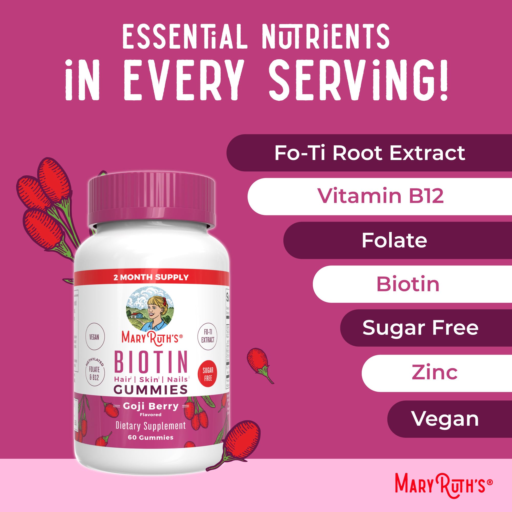 MaryRuth's Biotina Gominolas: sin azúcar añadida, apta para dietas.