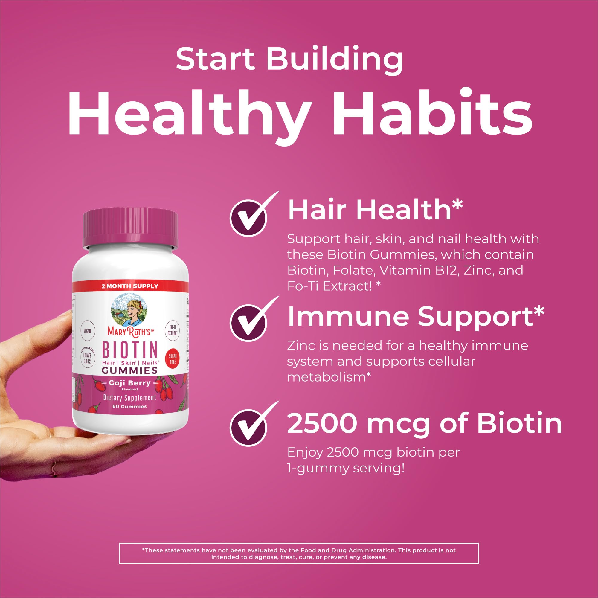 MaryRuth's Biotina Gominolas: símbolo vegano, opción libre de gelatina.